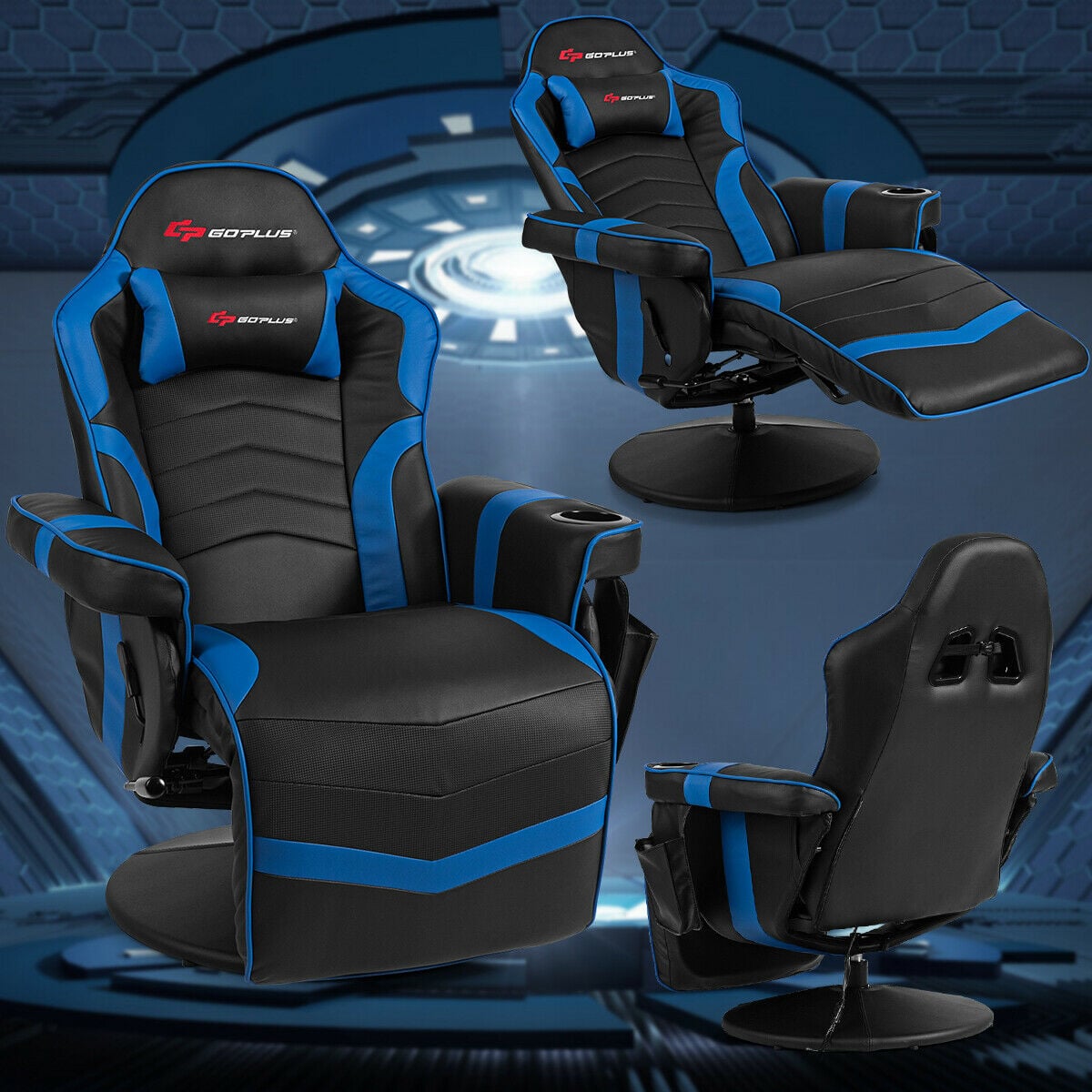 Ergonomic High Back Massage Gaming Chair with Pillow-Blue-Gaming Chairs-DECOROLALA