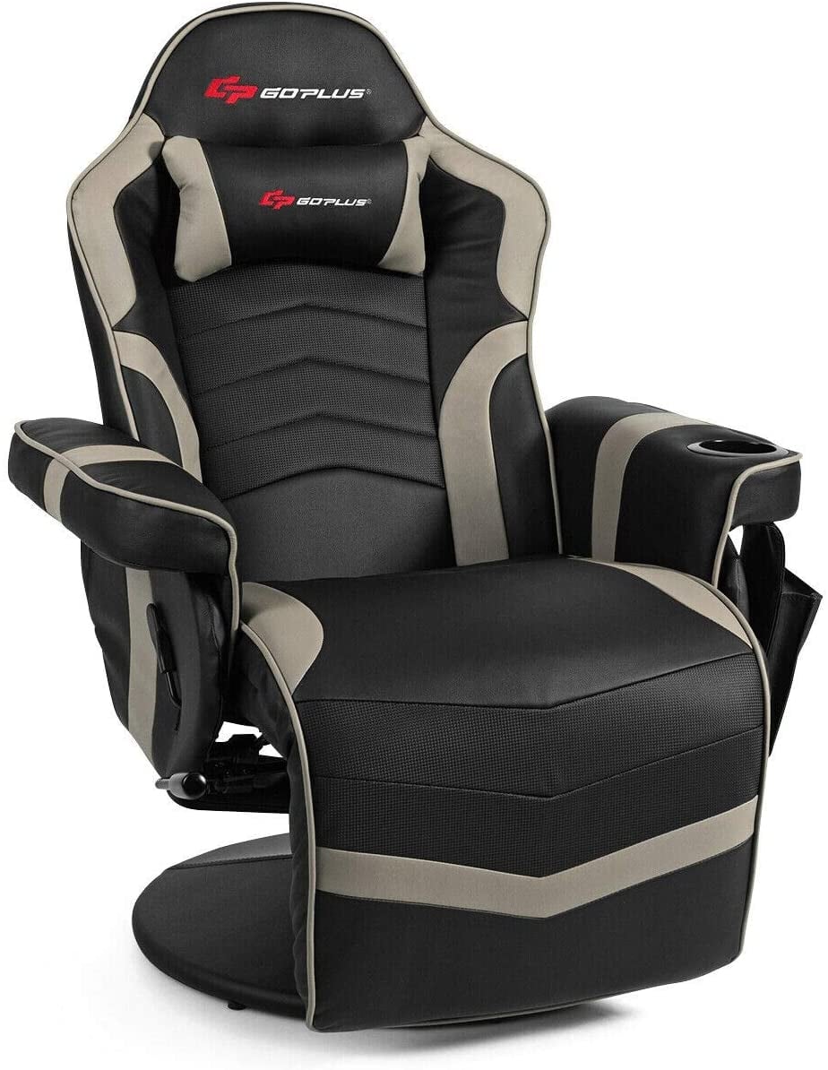 Ergonomic High Back Massage Gaming Chair with Pillow-Gray-Gaming Chairs-DECOROLALA