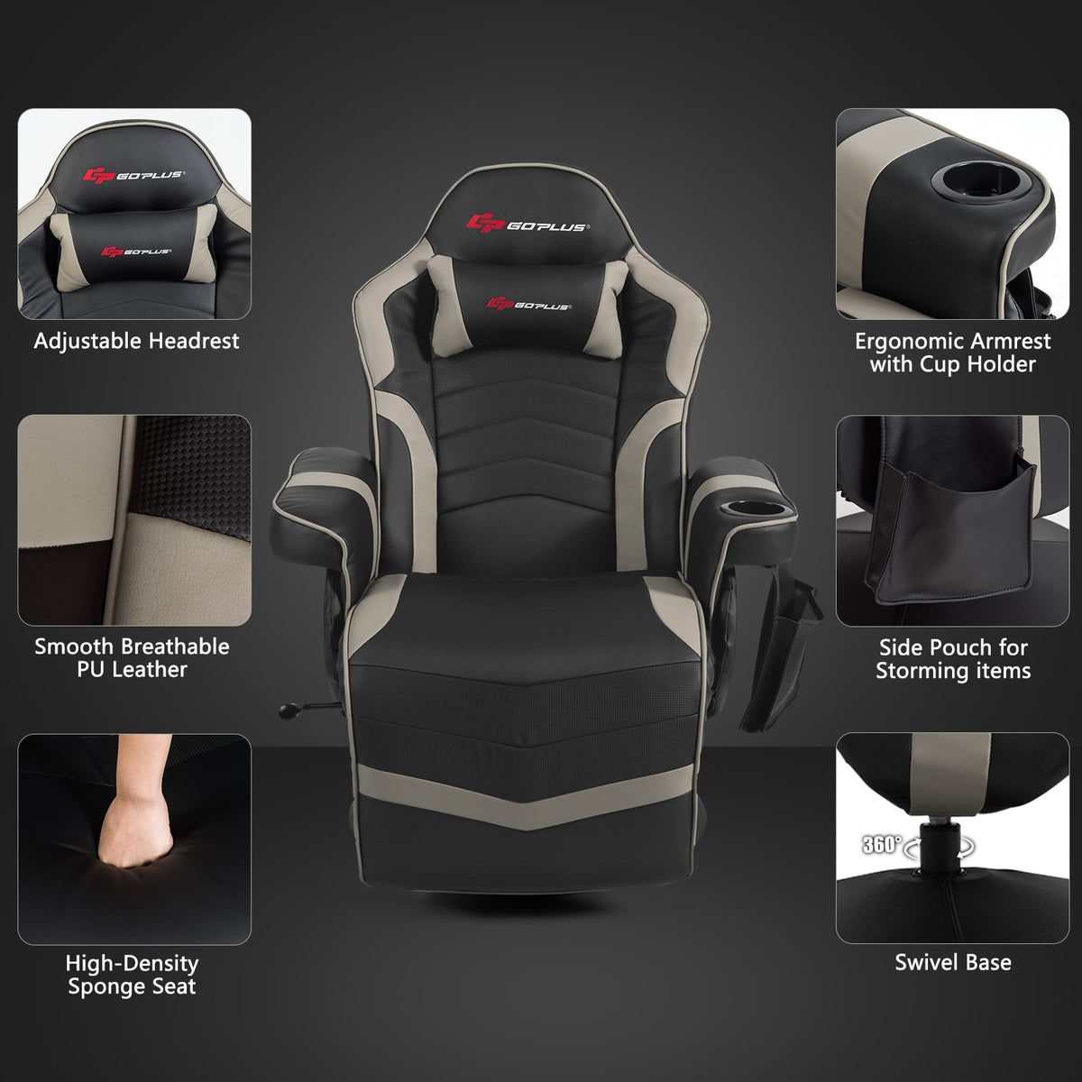 Ergonomic High Back Massage Gaming Chair with Pillow-Gray-Gaming Chairs-DECOROLALA
