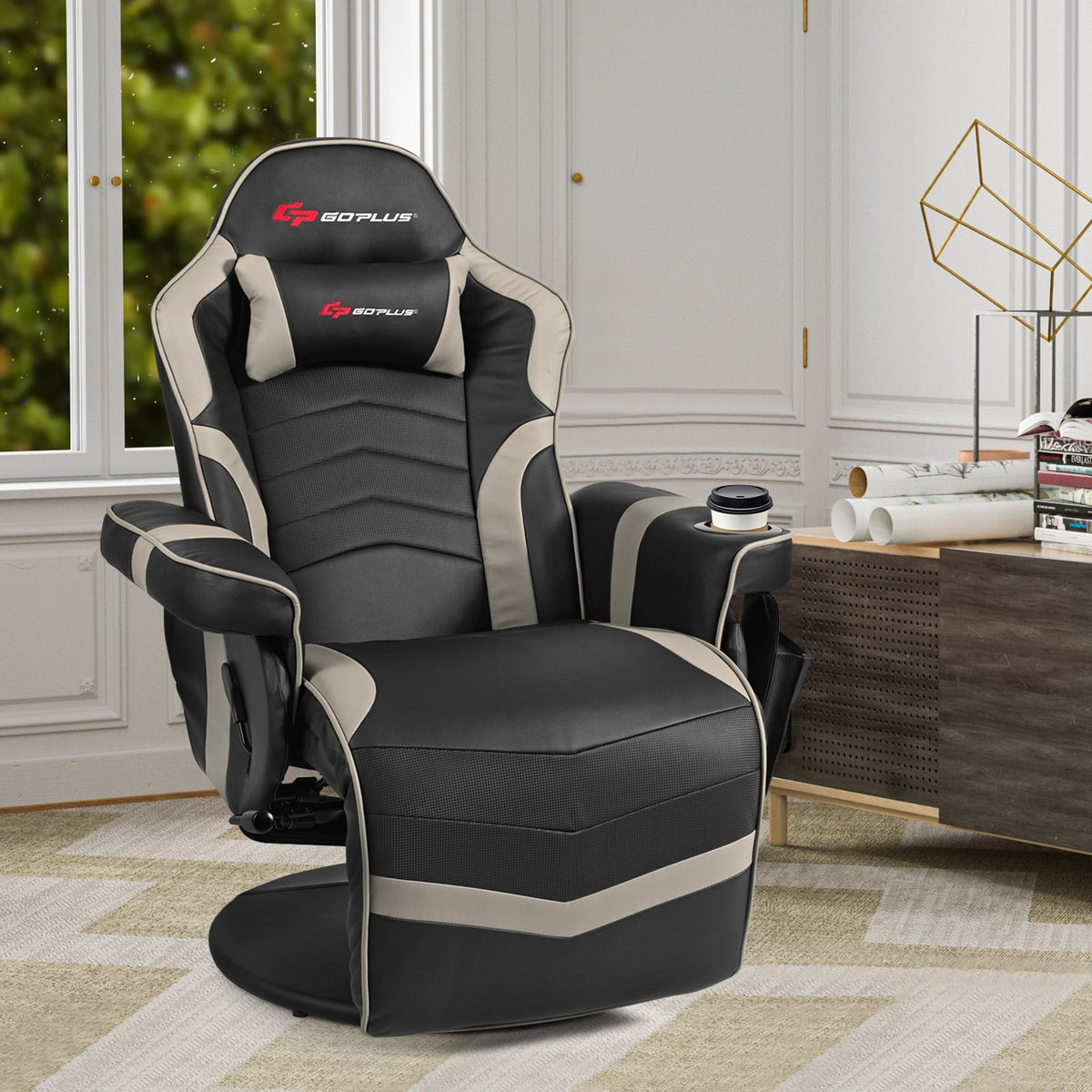 Ergonomic High Back Massage Gaming Chair with Pillow-Gray-Gaming Chairs-DECOROLALA