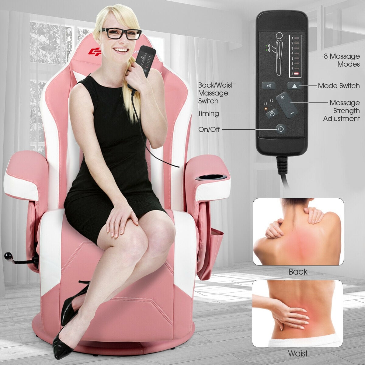 Ergonomic High Back Massage Gaming Chair with Pillow-Pink-Gaming Chairs-DECOROLALA