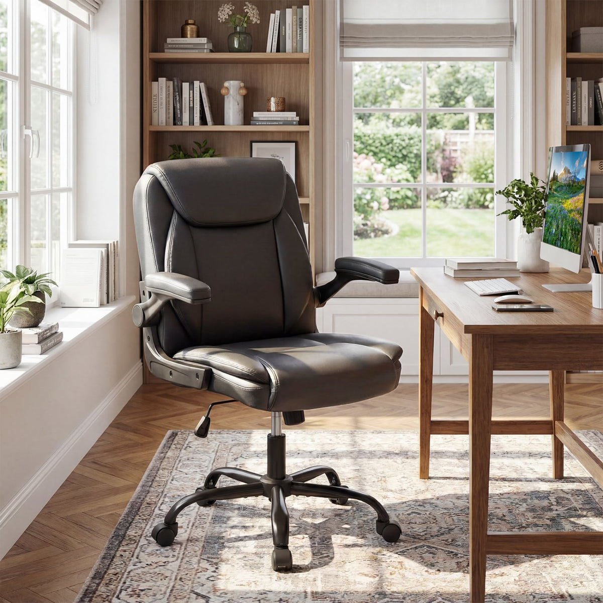 Ergonomic Leather Office Chair with Flip-up Armrests and Rocking Function-Black-Ergonomic Office Chairs-DECOROLALA