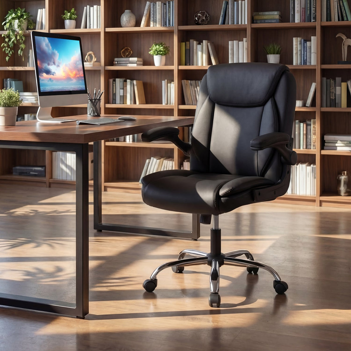 Ergonomic Leather Office Chair with Flip-up Armrests and Rocking Function-Black-Ergonomic Office Chairs-DECOROLALA