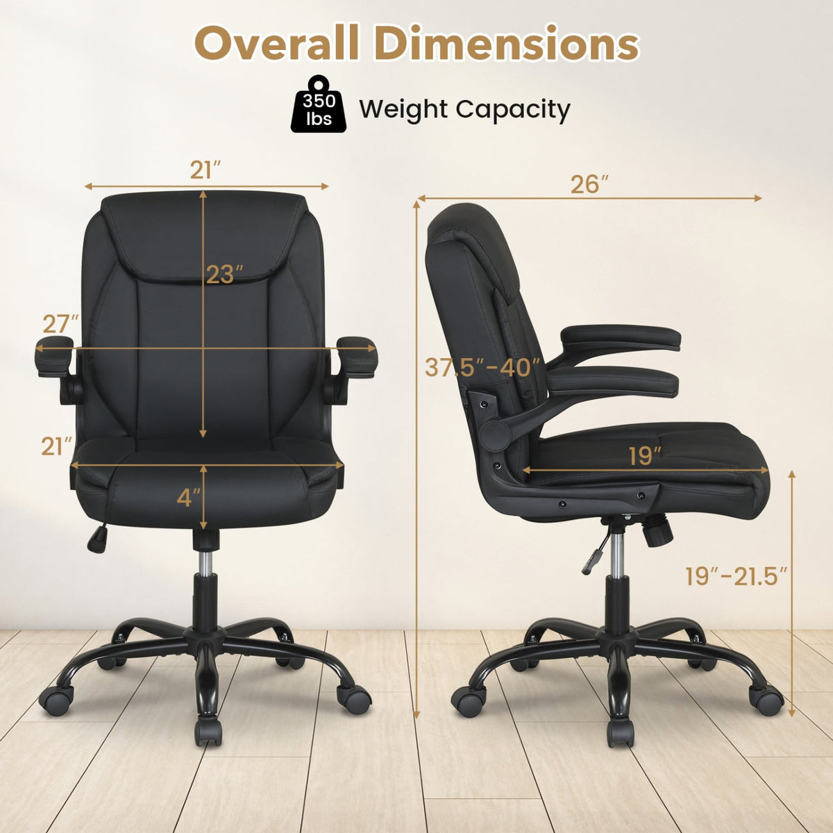 Ergonomic Leather Office Chair with Flip-up Armrests and Rocking Function-Black-Ergonomic Office Chairs-DECOROLALA