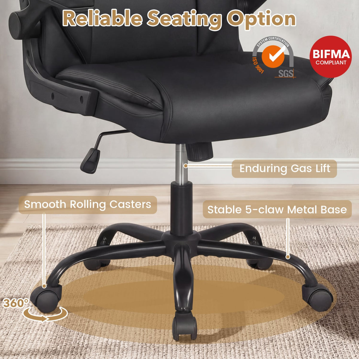 Ergonomic Leather Office Chair with Flip-up Armrests and Rocking Function-Black-Ergonomic Office Chairs-DECOROLALA
