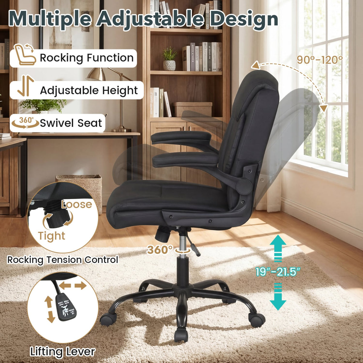 Ergonomic Leather Office Chair with Flip-up Armrests and Rocking Function-Black-Ergonomic Office Chairs-DECOROLALA