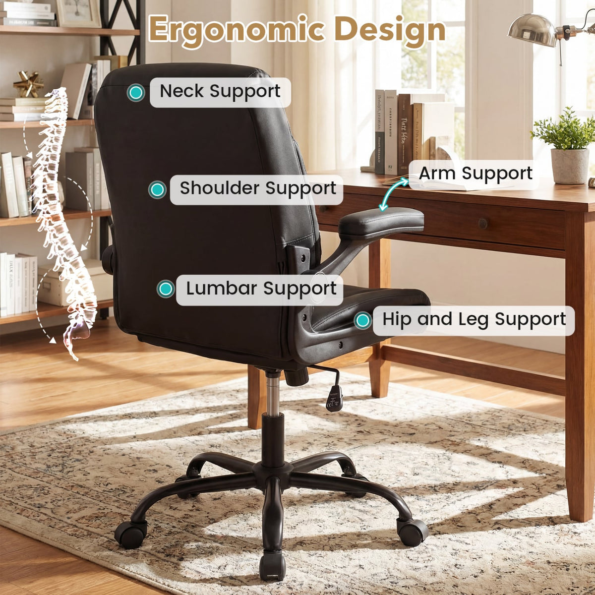 Ergonomic Leather Office Chair with Flip-up Armrests and Rocking Function-Black-Ergonomic Office Chairs-DECOROLALA