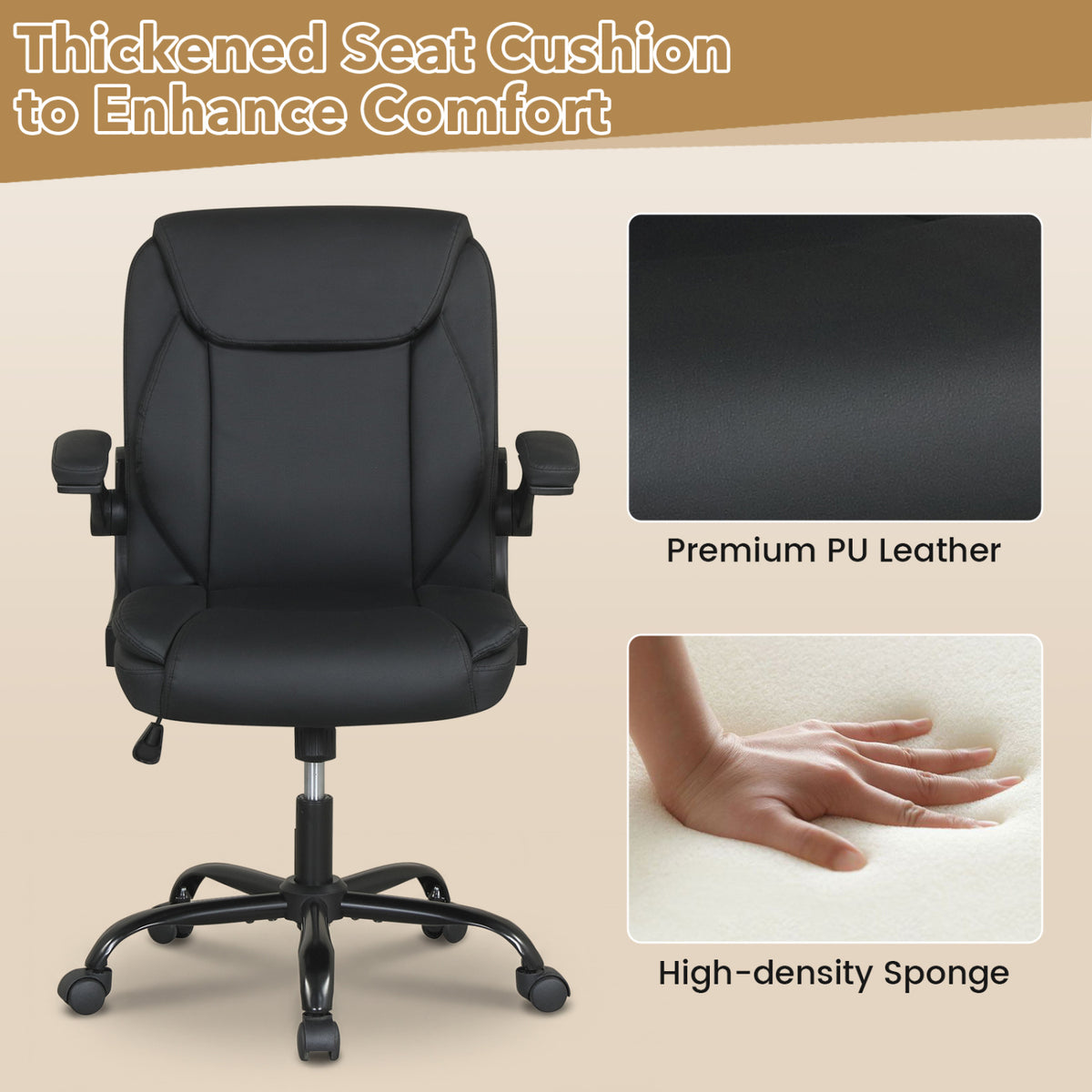 Ergonomic Leather Office Chair with Flip-up Armrests and Rocking Function-Black-Ergonomic Office Chairs-DECOROLALA