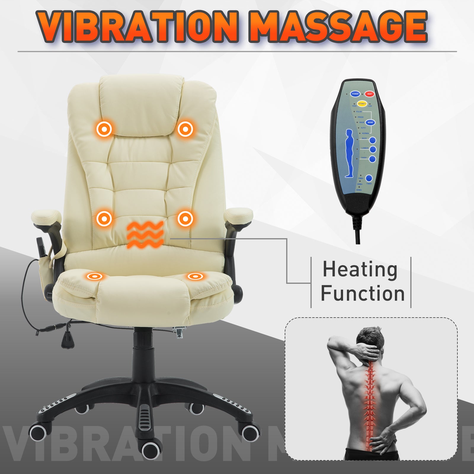 Ergonomic Massage Office Chair - Heated Vibrating Beige-DECOROLALA