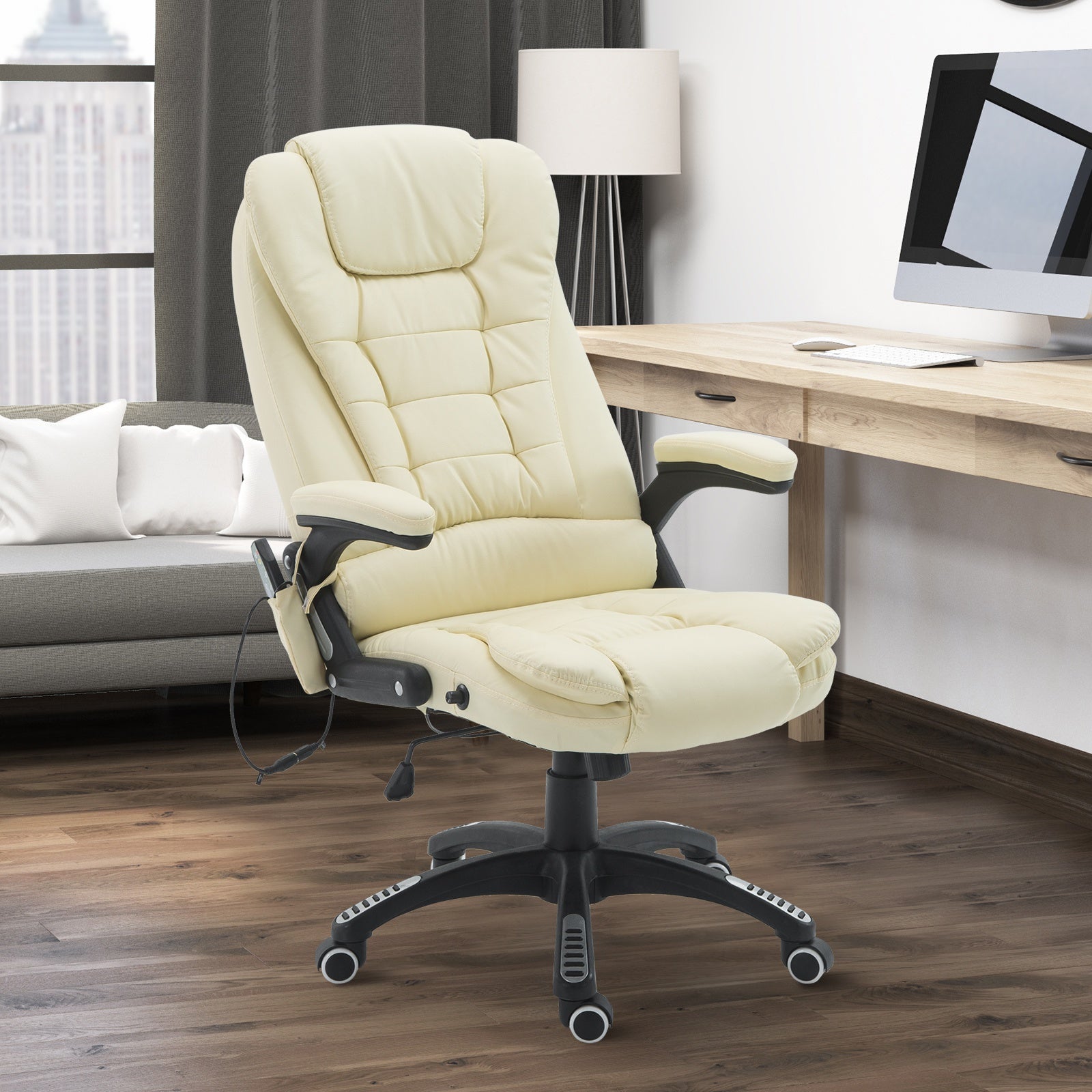 Ergonomic Massage Office Chair - Heated Vibrating Beige-DECOROLALA