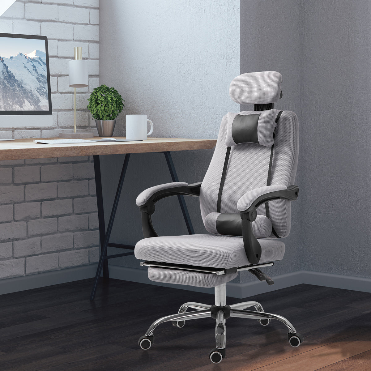 Ergonomic Mesh Executive Office Chair with Footrest - Grey-Office Products > Office Furniture > Office Chairs > Executive & Manager Chairs-DECOROLALA