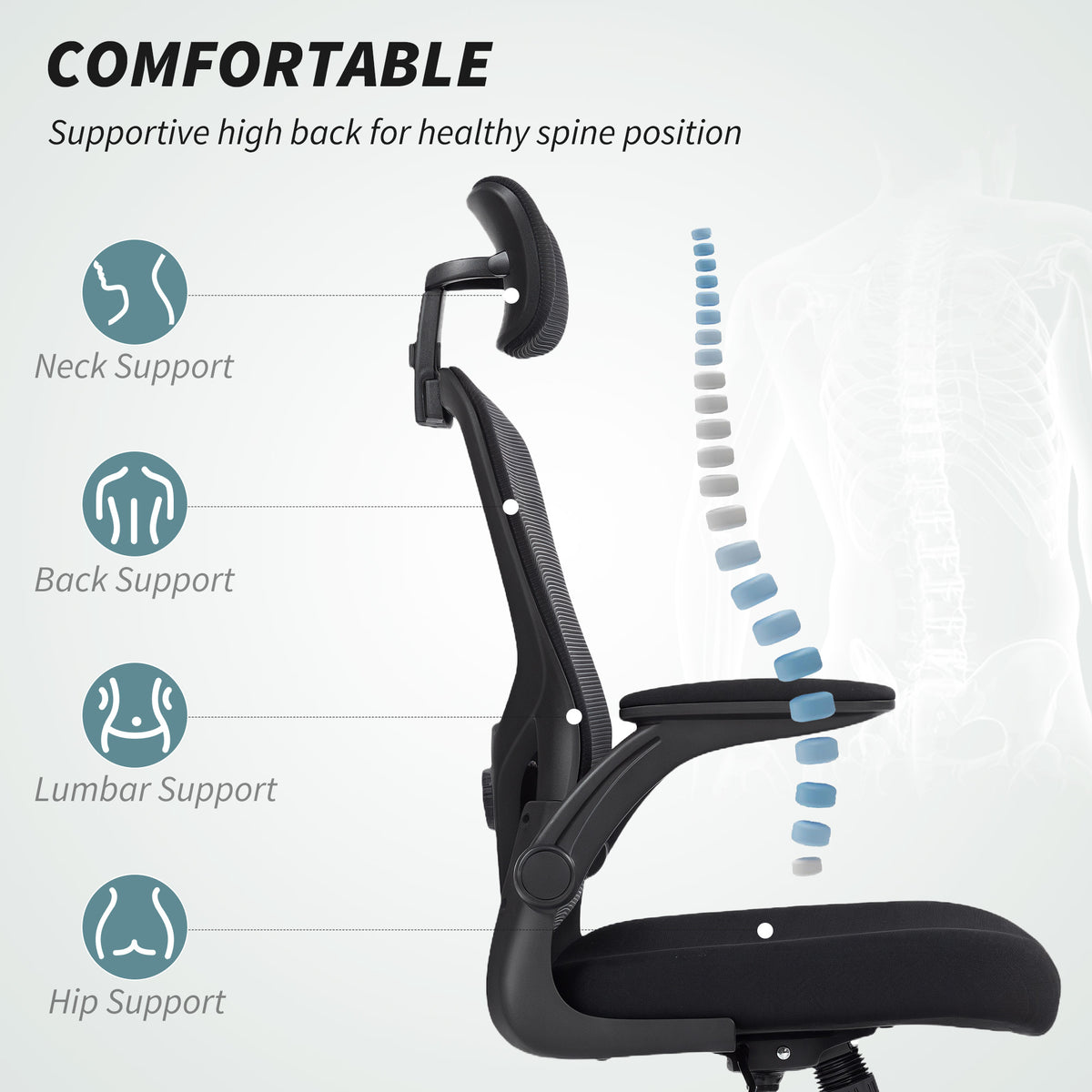 Ergonomic Mesh Office Chair - Black with Flip-Up Arms-Office Products > Office Furniture > Office Chairs > Task Chairs-DECOROLALA