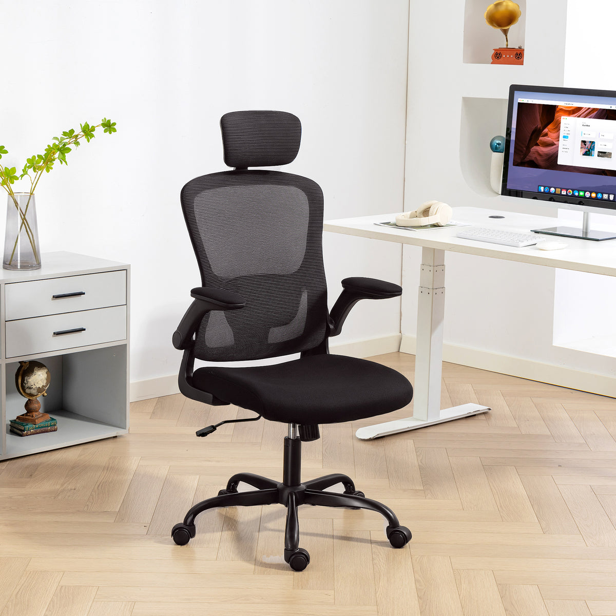 Ergonomic Mesh Office Chair - Black with Flip-Up Arms-Office Products > Office Furniture > Office Chairs > Task Chairs-DECOROLALA
