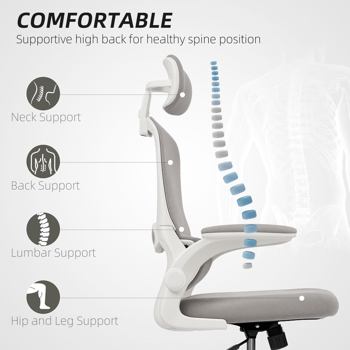 Ergonomic Mesh Office Chair - High Back Grey with Flip-Up Arms-Office Products > Office Furniture > Office Chairs > Task Chairs-DECOROLALA