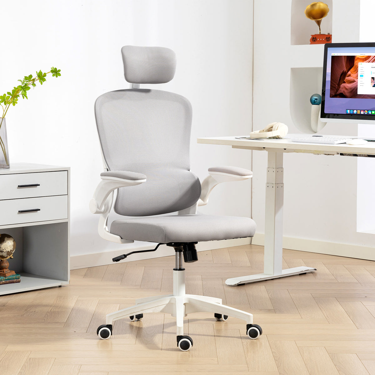 Ergonomic Mesh Office Chair - High Back Grey with Flip-Up Arms-Office Products > Office Furniture > Office Chairs > Task Chairs-DECOROLALA