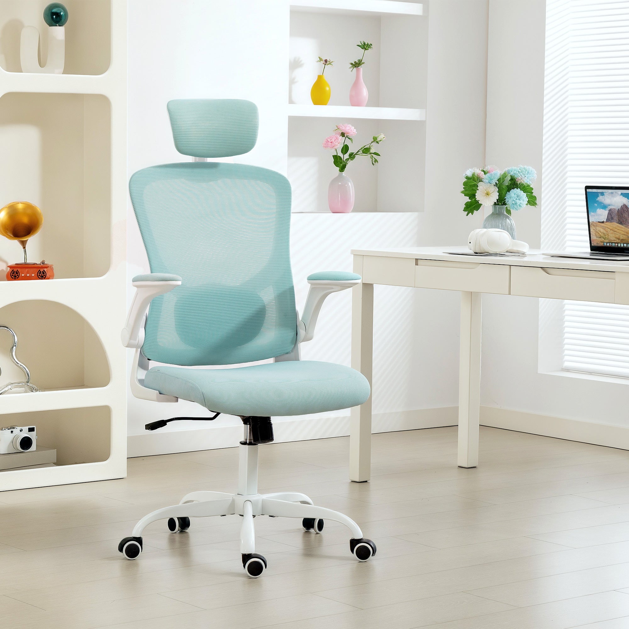 Ergonomic Mesh Office Chair - Light Green with Flip-up Arms-Office Products > Office Furniture > Office Chairs > Task Chairs-DECOROLALA