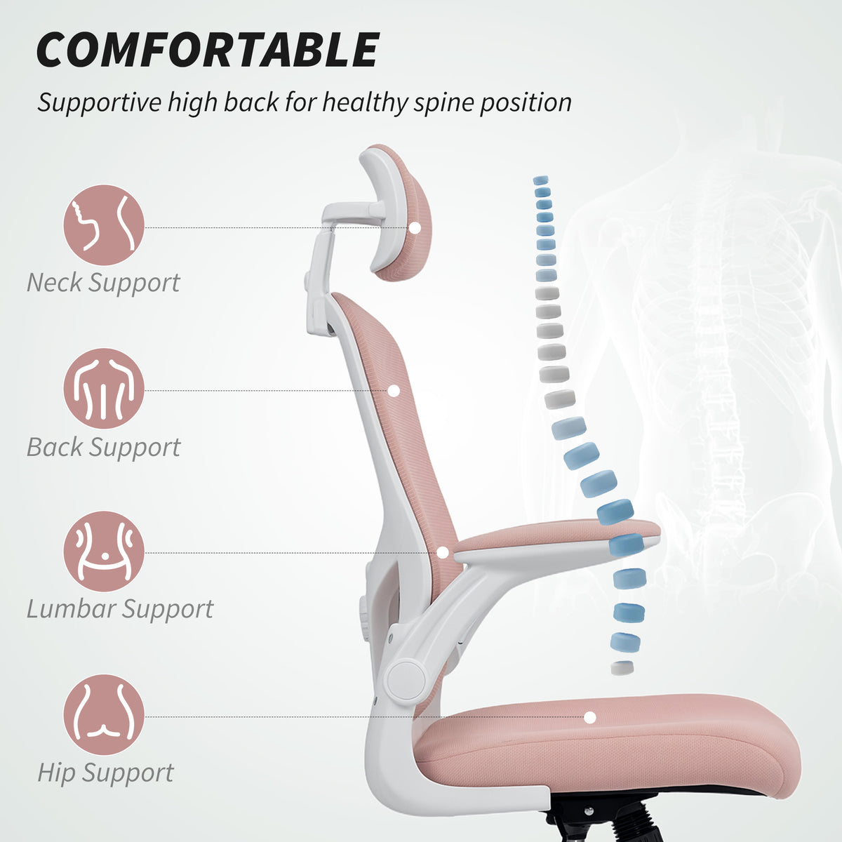 Ergonomic Mesh Office Chair - Pink with Flip-Up Arms-Office Products > Office Furniture > Office Chairs > Task Chairs-DECOROLALA
