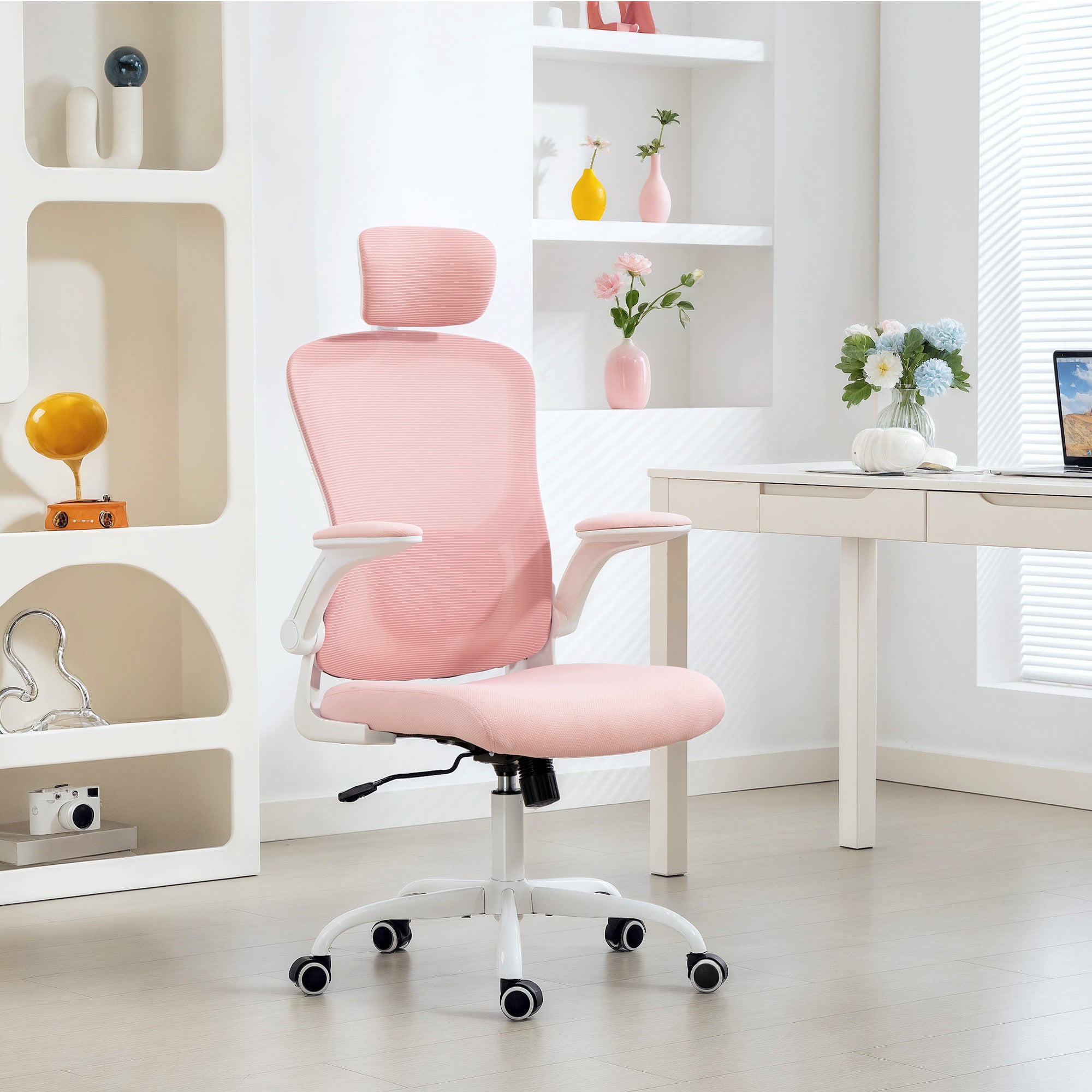 Ergonomic Mesh Office Chair - Pink with Flip-Up Arms-Office Products > Office Furniture > Office Chairs > Task Chairs-DECOROLALA