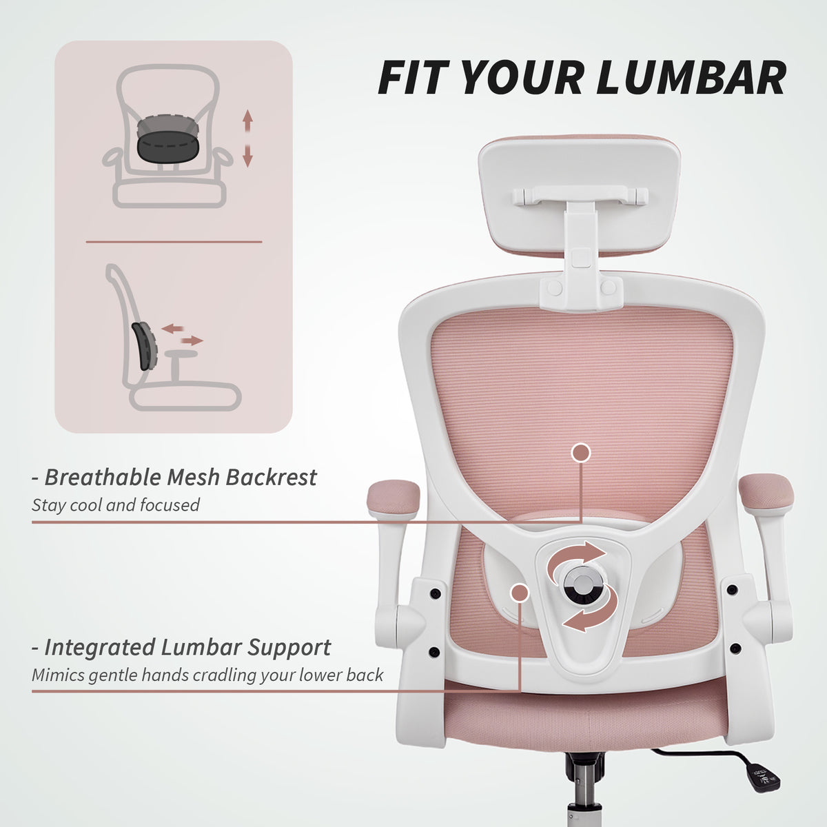 Ergonomic Mesh Office Chair - Pink with Flip-Up Arms-Task Chairs-DECOROLALA