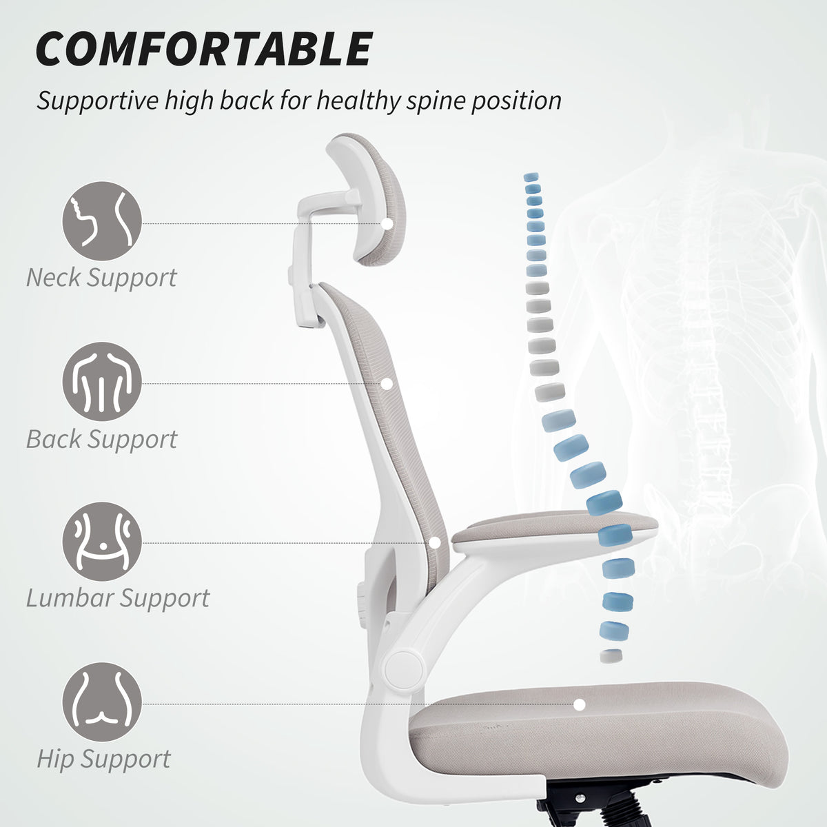 Ergonomic Mesh Office Chair with 4D Lumbar Support - Grey-Office Products > Office Furniture > Office Chairs > Task Chairs-DECOROLALA
