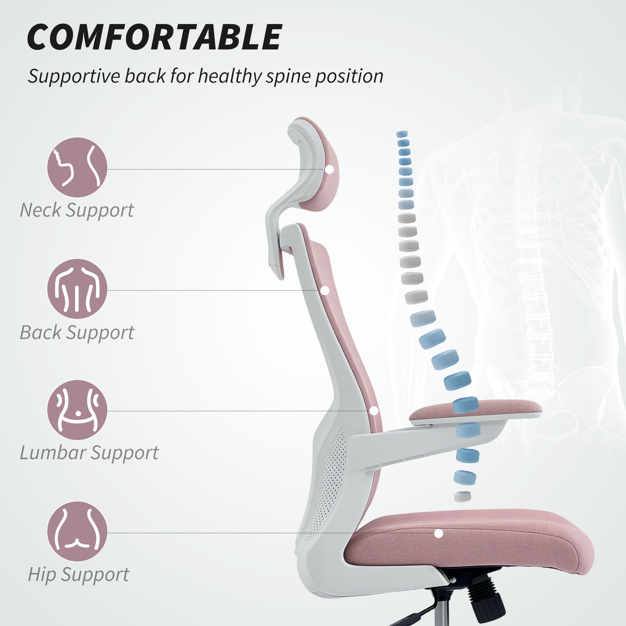 Ergonomic Mesh Office Chair with Flip-up Arms - Pink-Office Products > Office Furniture > Office Chairs > Task Chairs-DECOROLALA