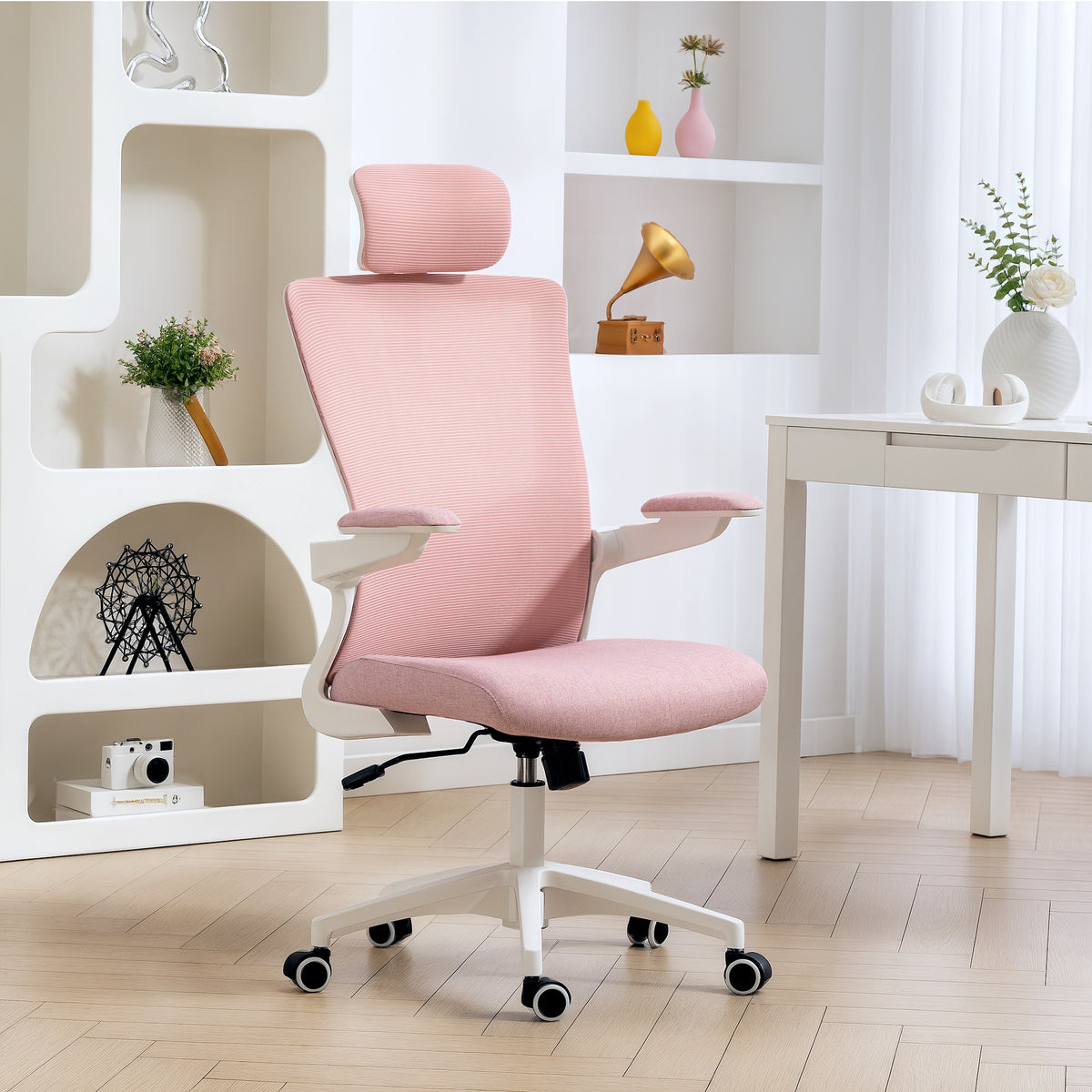 Ergonomic Mesh Office Chair with Flip-up Arms - Pink-Office Products > Office Furniture > Office Chairs > Task Chairs-DECOROLALA