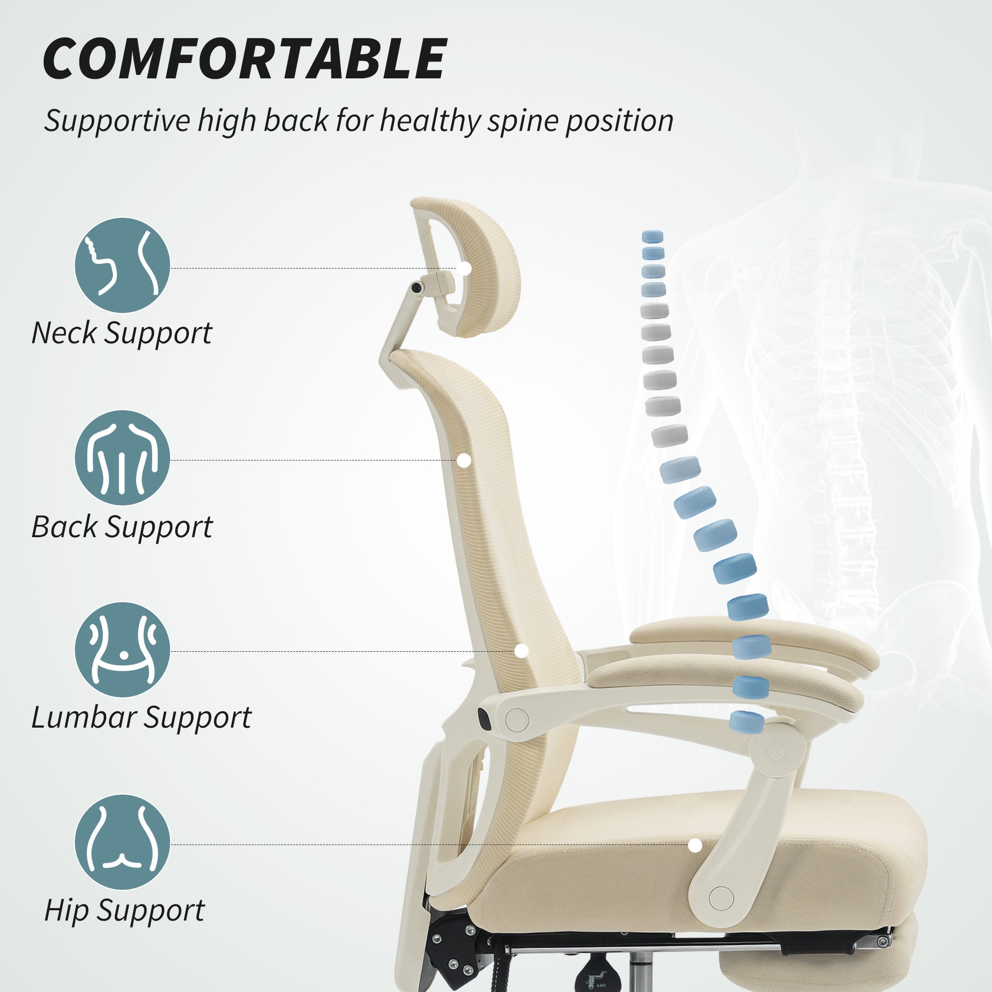 Ergonomic Mesh Office Chair with Footrest - Beige-DECOROLALA