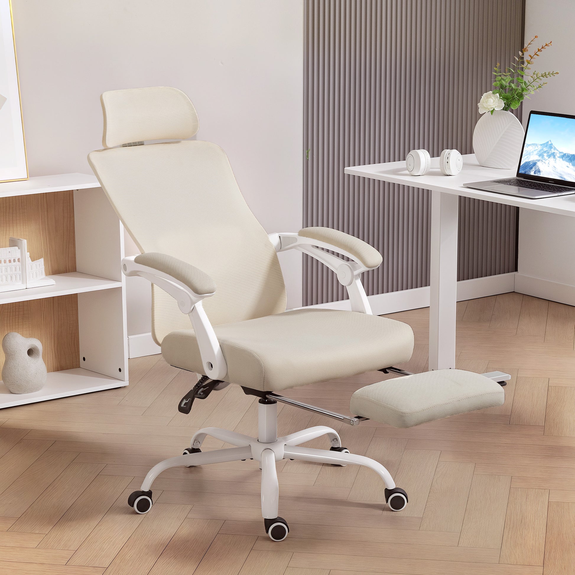 Ergonomic Mesh Office Chair with Footrest - Beige-DECOROLALA