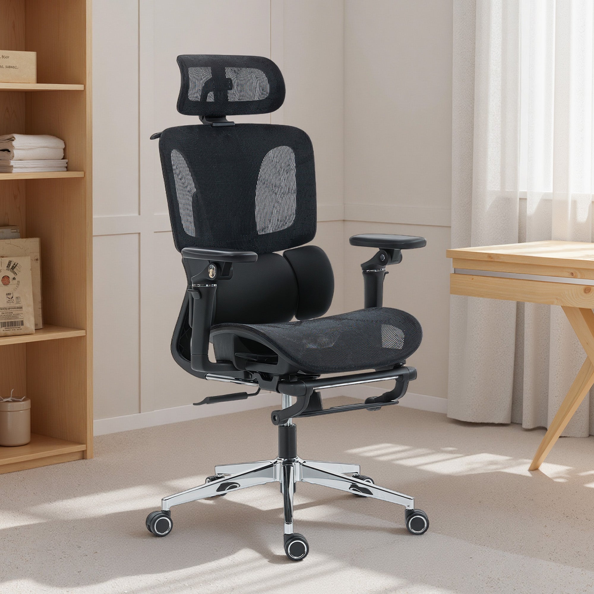 Ergonomic Mesh Office Chair with Footrest - Black-DECOROLALA