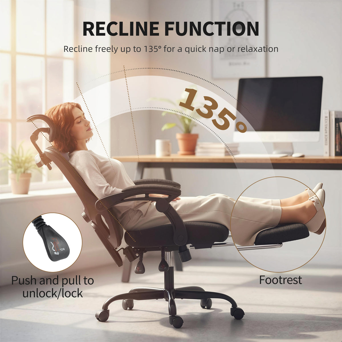 Ergonomic Mesh Office Chair with Footrest - Black-Office Products > Office Furniture > Office Chairs > Task Chairs-DECOROLALA