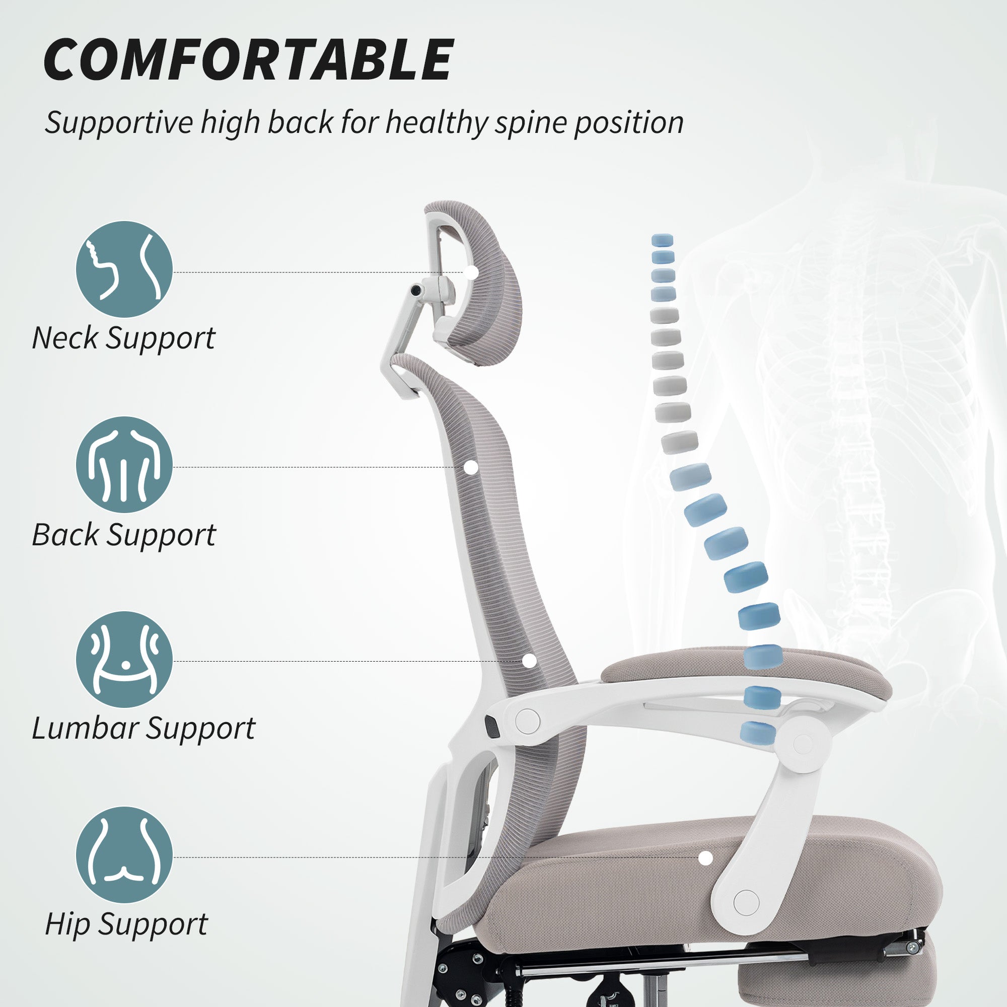 Ergonomic Mesh Office Chair with Footrest - Grey-Office Products > Office Furniture > Office Chairs-DECOROLALA