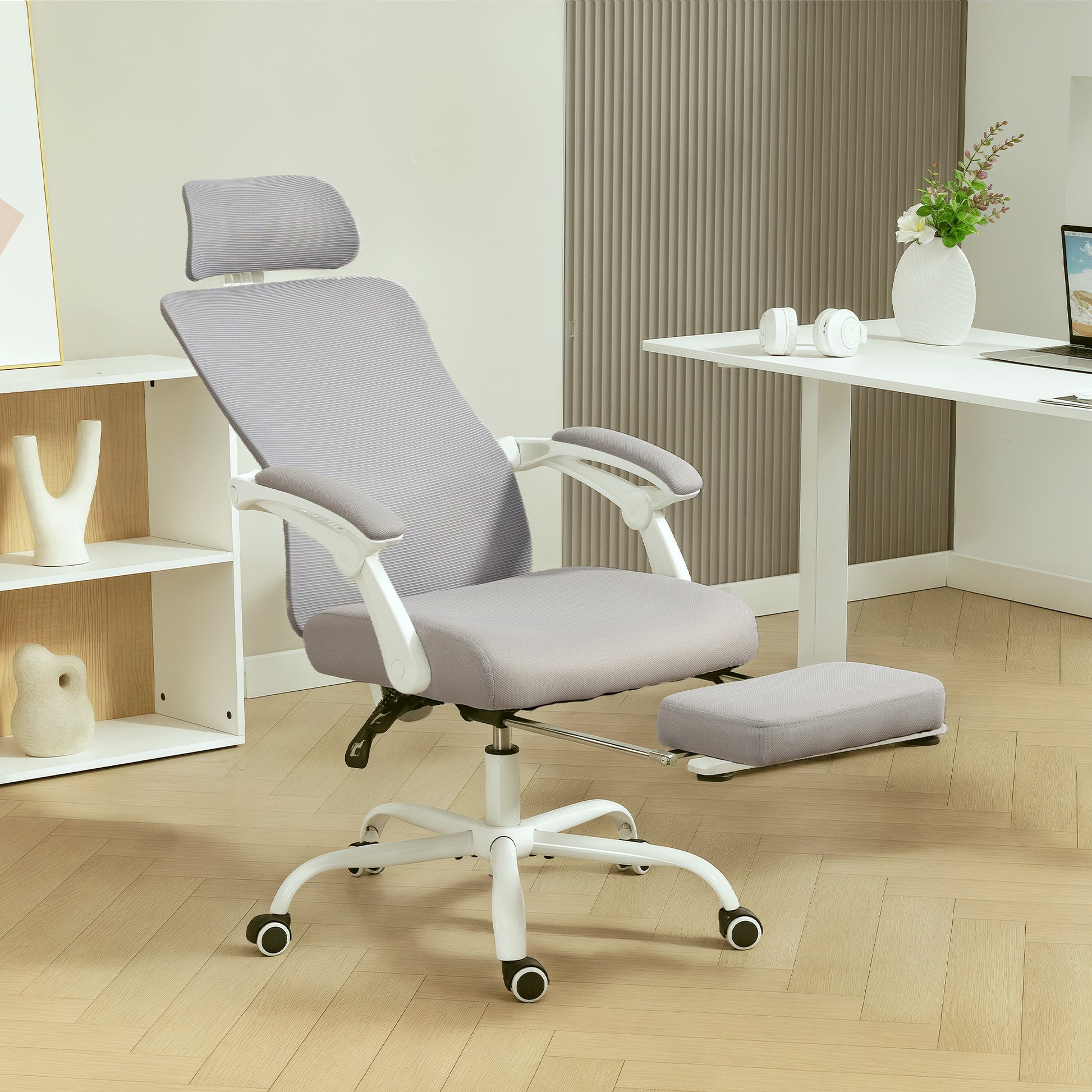 Ergonomic Mesh Office Chair with Footrest - Grey-Office Products > Office Furniture > Office Chairs-DECOROLALA