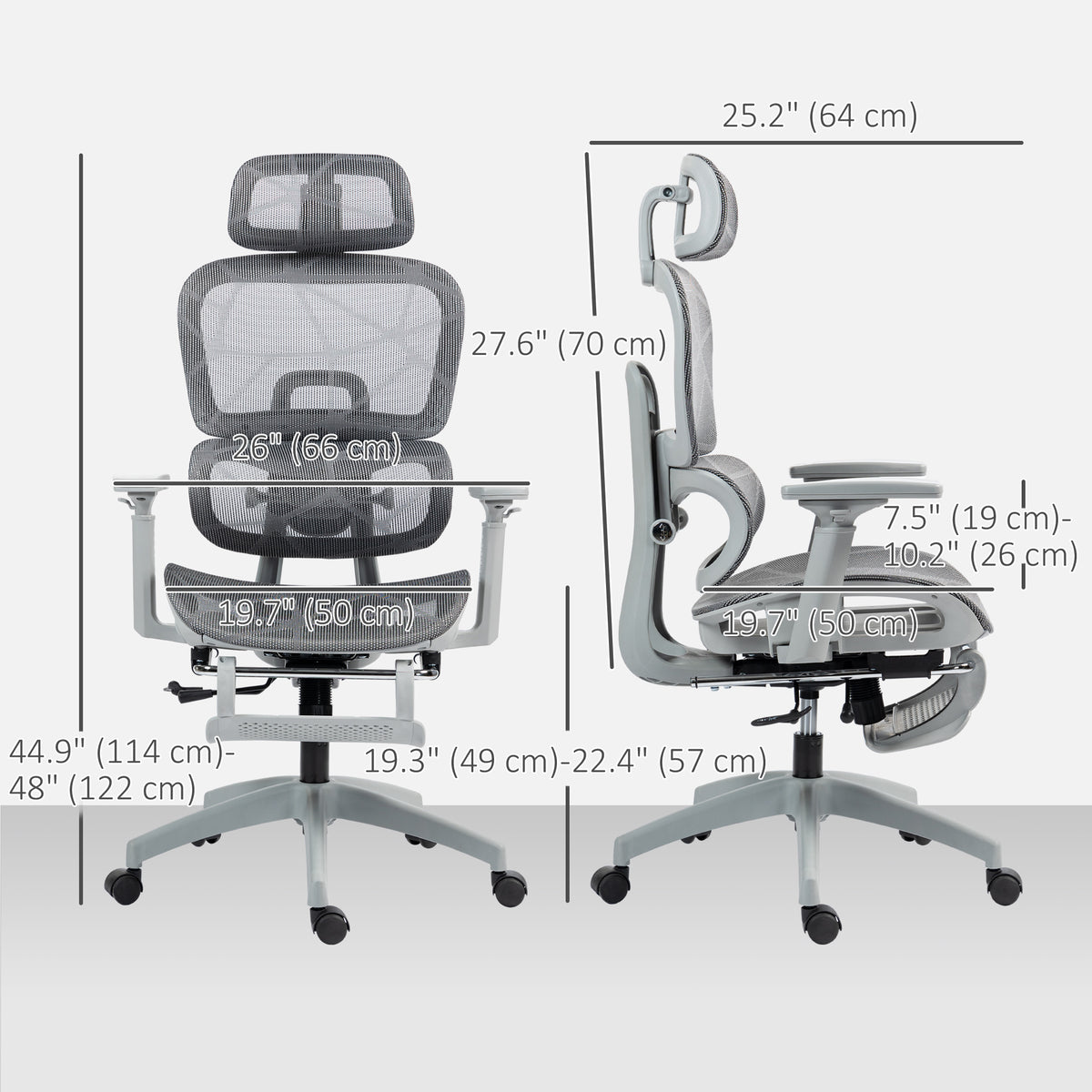 Ergonomic Mesh Office Chair with Footrest - Grey-Office Products > Office Furniture > Office Chairs > Task Chairs-DECOROLALA