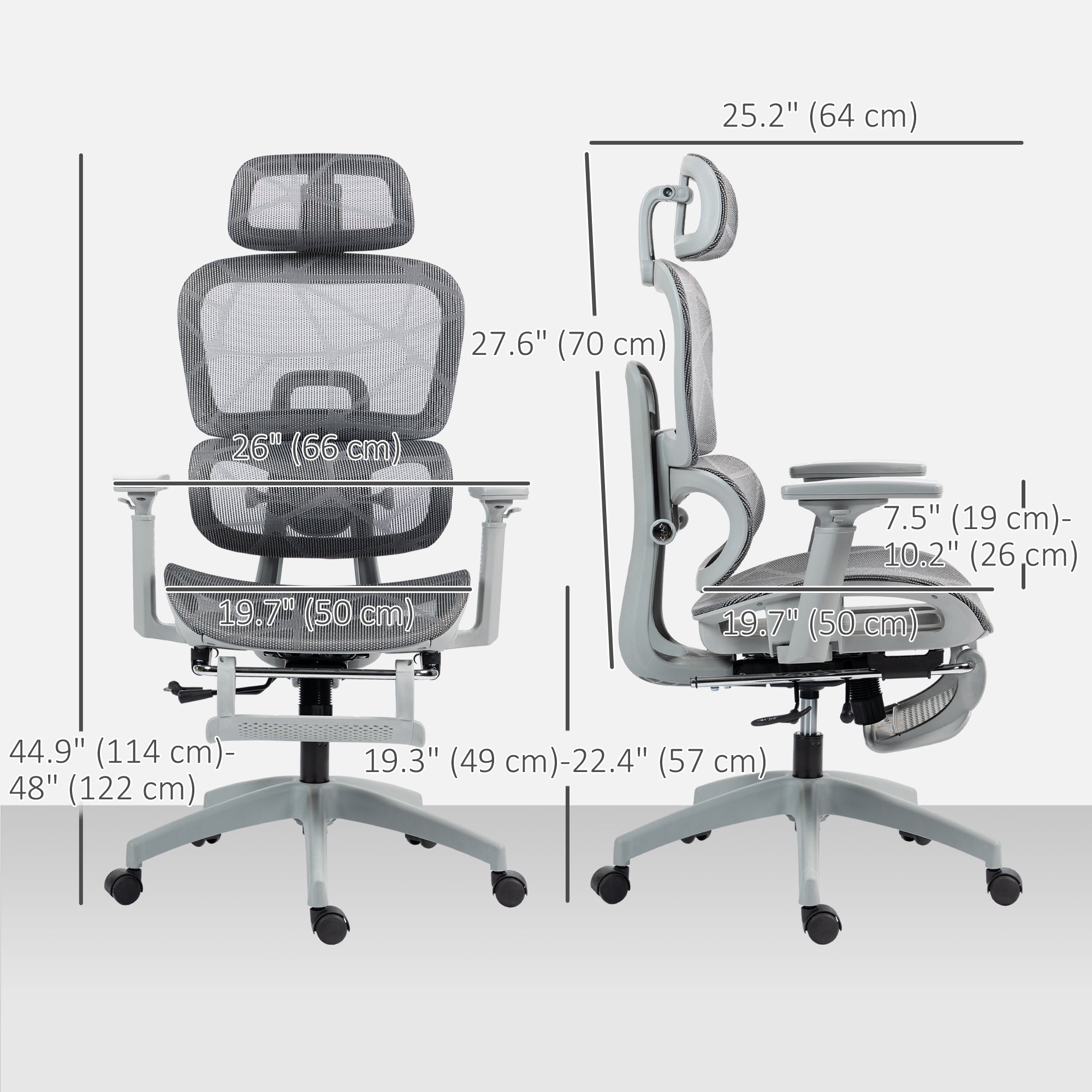 Ergonomic Mesh Office Chair with Footrest - Grey-Office Products > Office Furniture > Office Chairs > Task Chairs-DECOROLALA