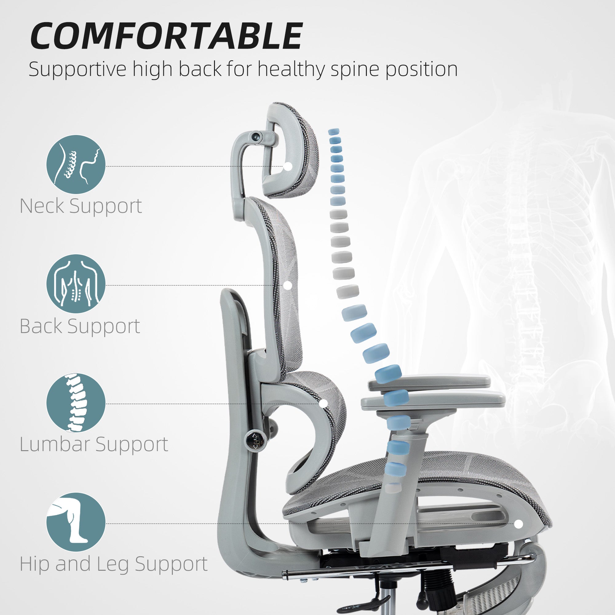 Ergonomic Mesh Office Chair with Footrest - Grey-Office Products > Office Furniture > Office Chairs > Task Chairs-DECOROLALA
