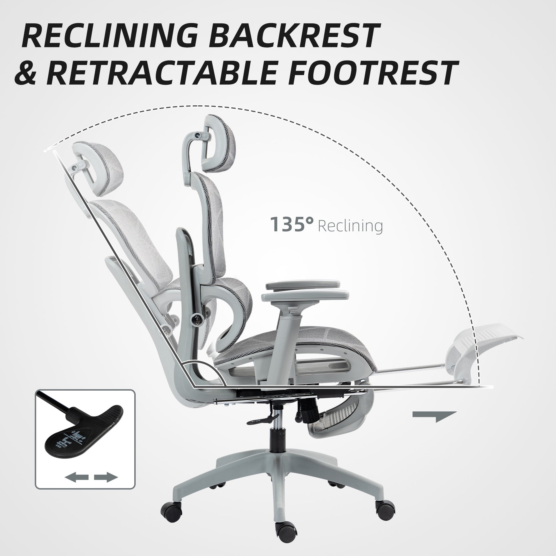 Ergonomic Mesh Office Chair with Footrest - Grey-Office Products > Office Furniture > Office Chairs > Task Chairs-DECOROLALA