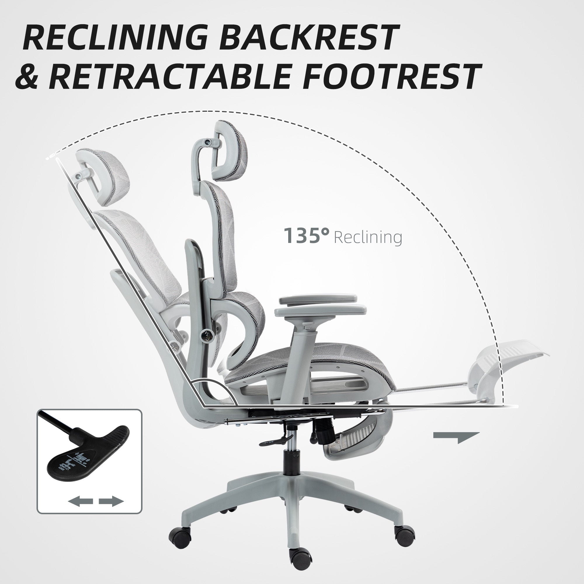 Ergonomic Mesh Office Chair with Footrest - Grey-Office Products > Office Furniture > Office Chairs > Task Chairs-DECOROLALA