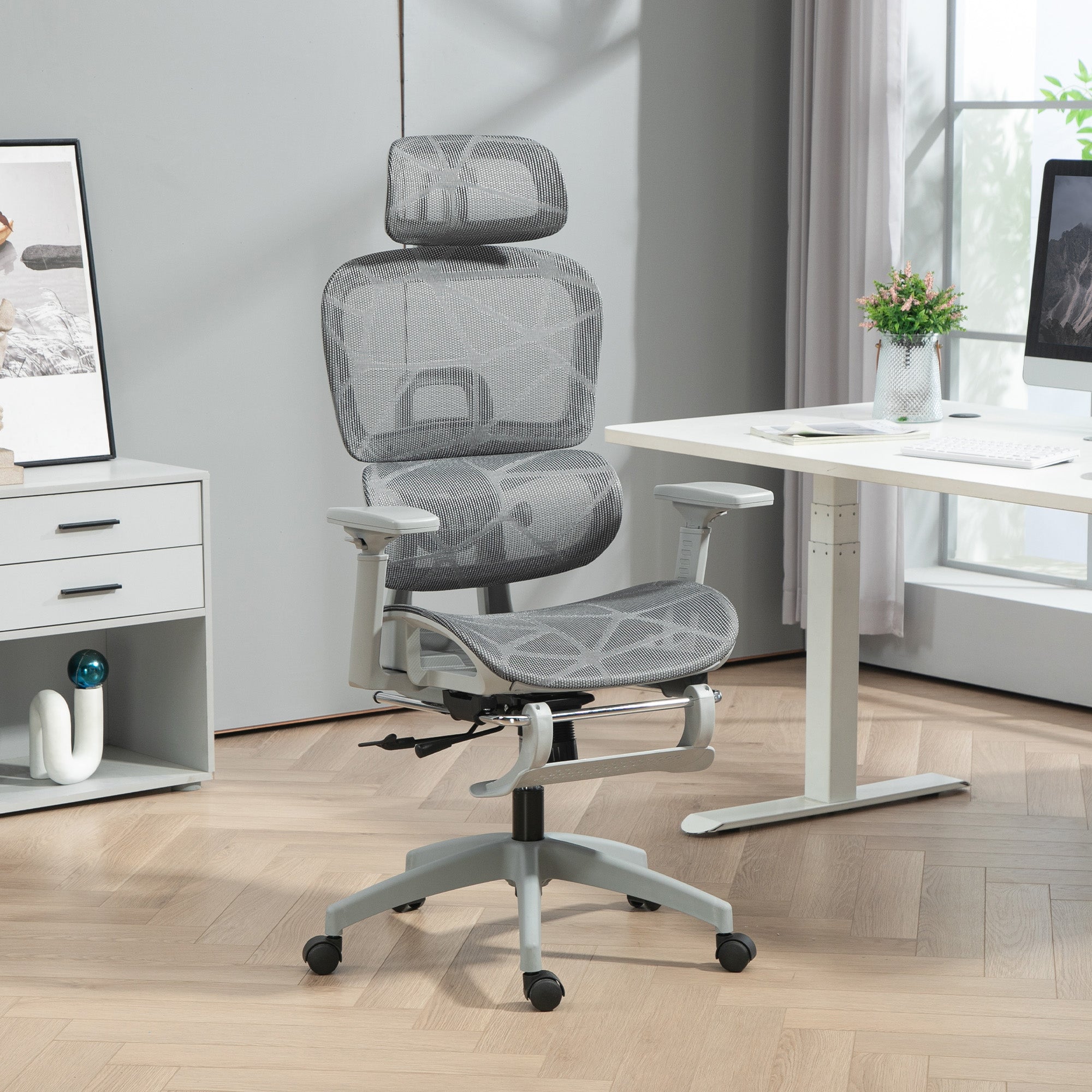 Ergonomic Mesh Office Chair with Footrest - Grey-Office Products > Office Furniture > Office Chairs > Task Chairs-DECOROLALA