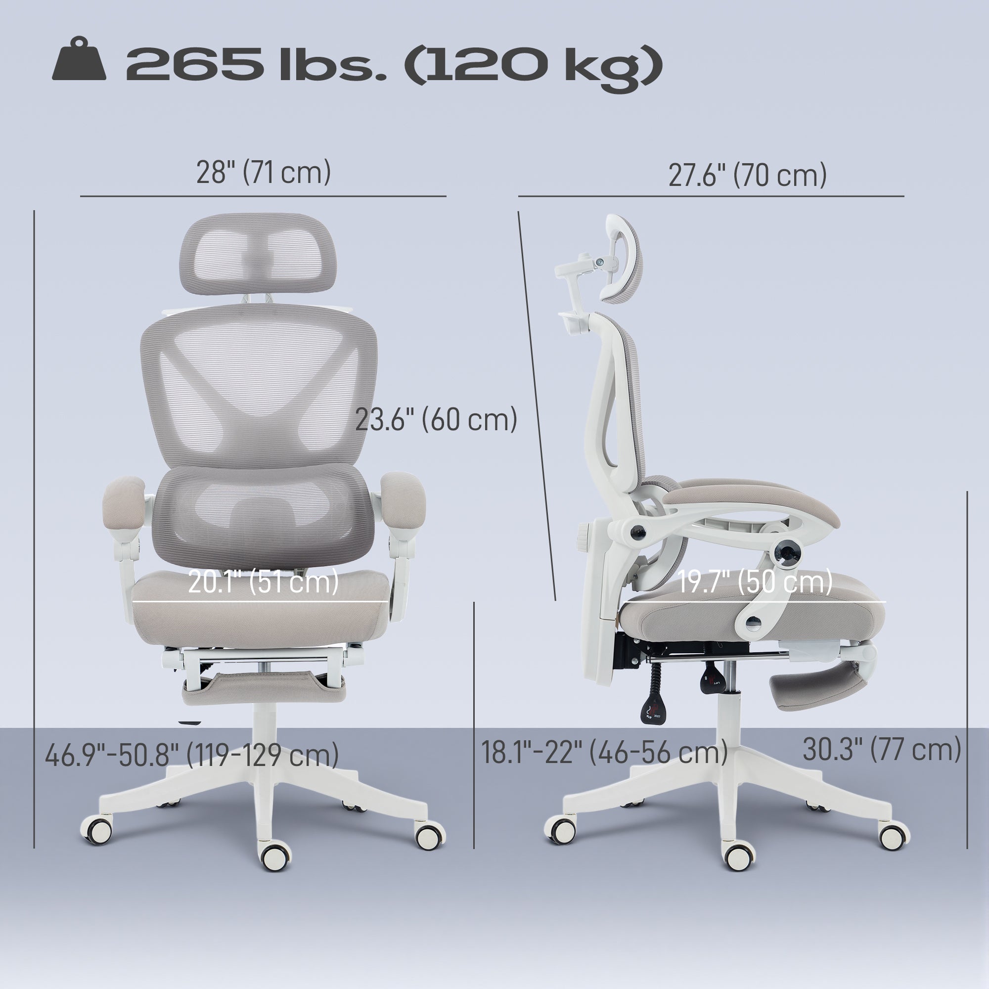 Ergonomic Mesh Office Chair with Footrest & Headrest - Light Grey-Office Products > Office Furniture > Office Chairs > Task Chairs-DECOROLALA