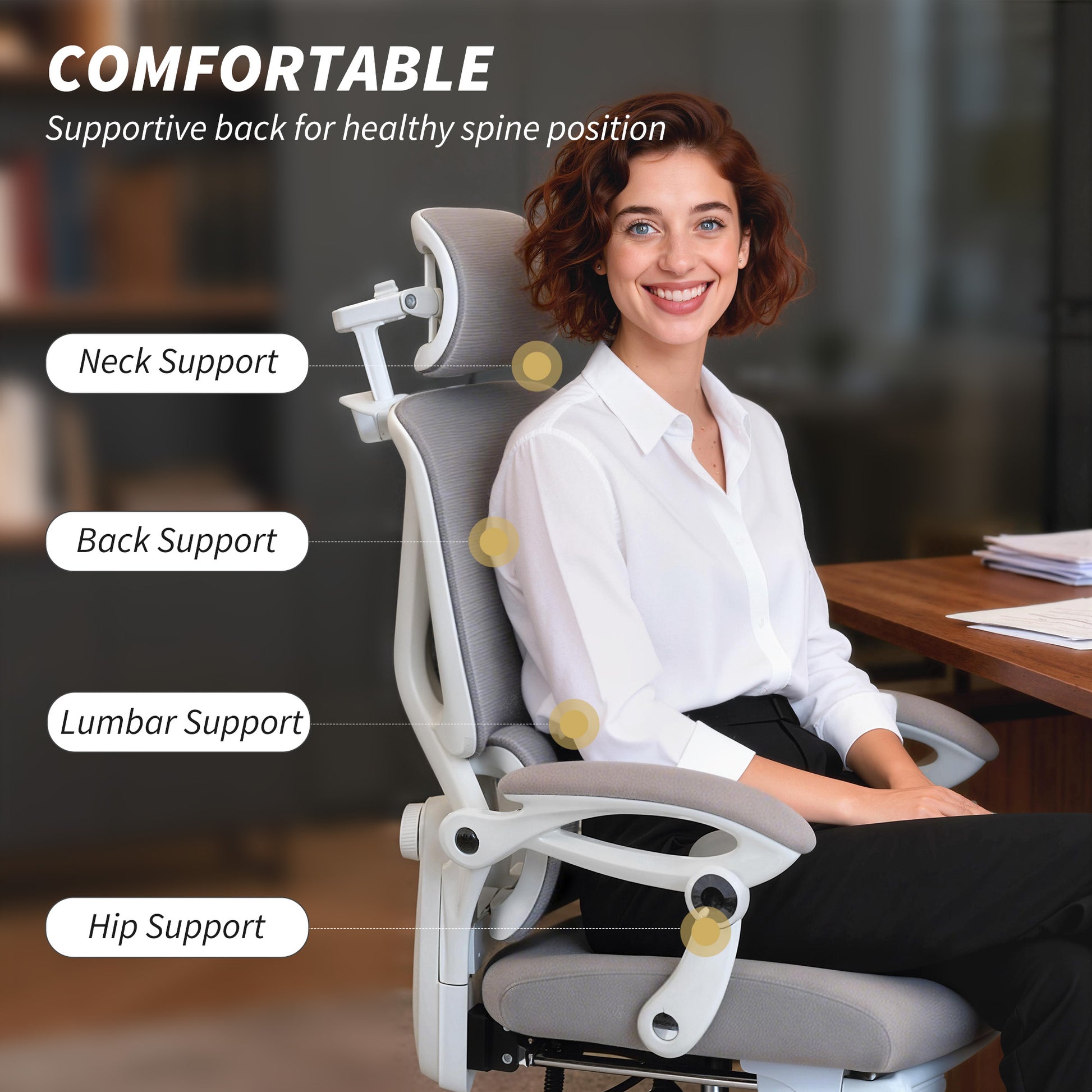 Ergonomic Mesh Office Chair with Footrest & Headrest - Light Grey-Office Products > Office Furniture > Office Chairs > Task Chairs-DECOROLALA