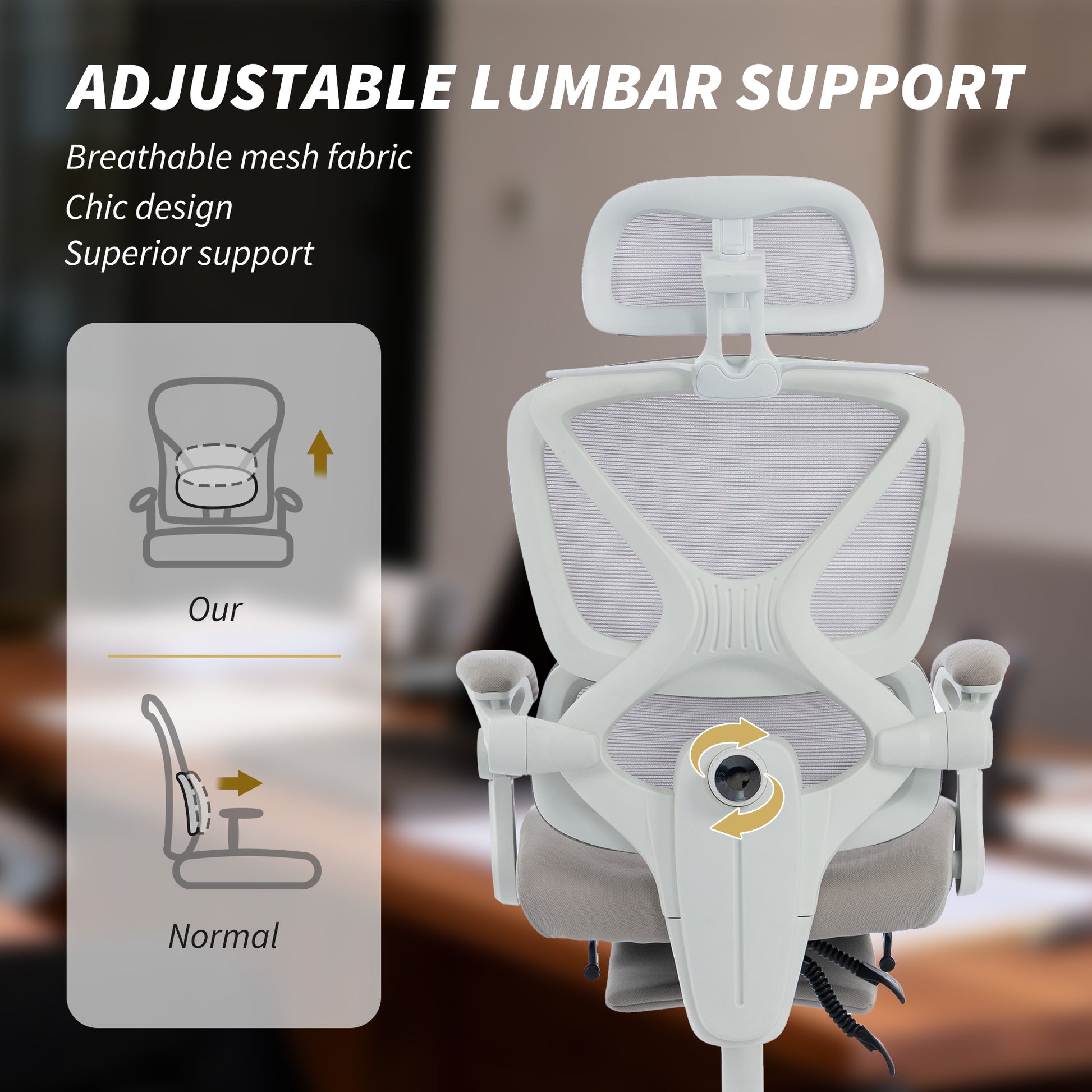 Ergonomic Mesh Office Chair with Footrest & Headrest - Light Grey-Office Products > Office Furniture > Office Chairs > Task Chairs-DECOROLALA