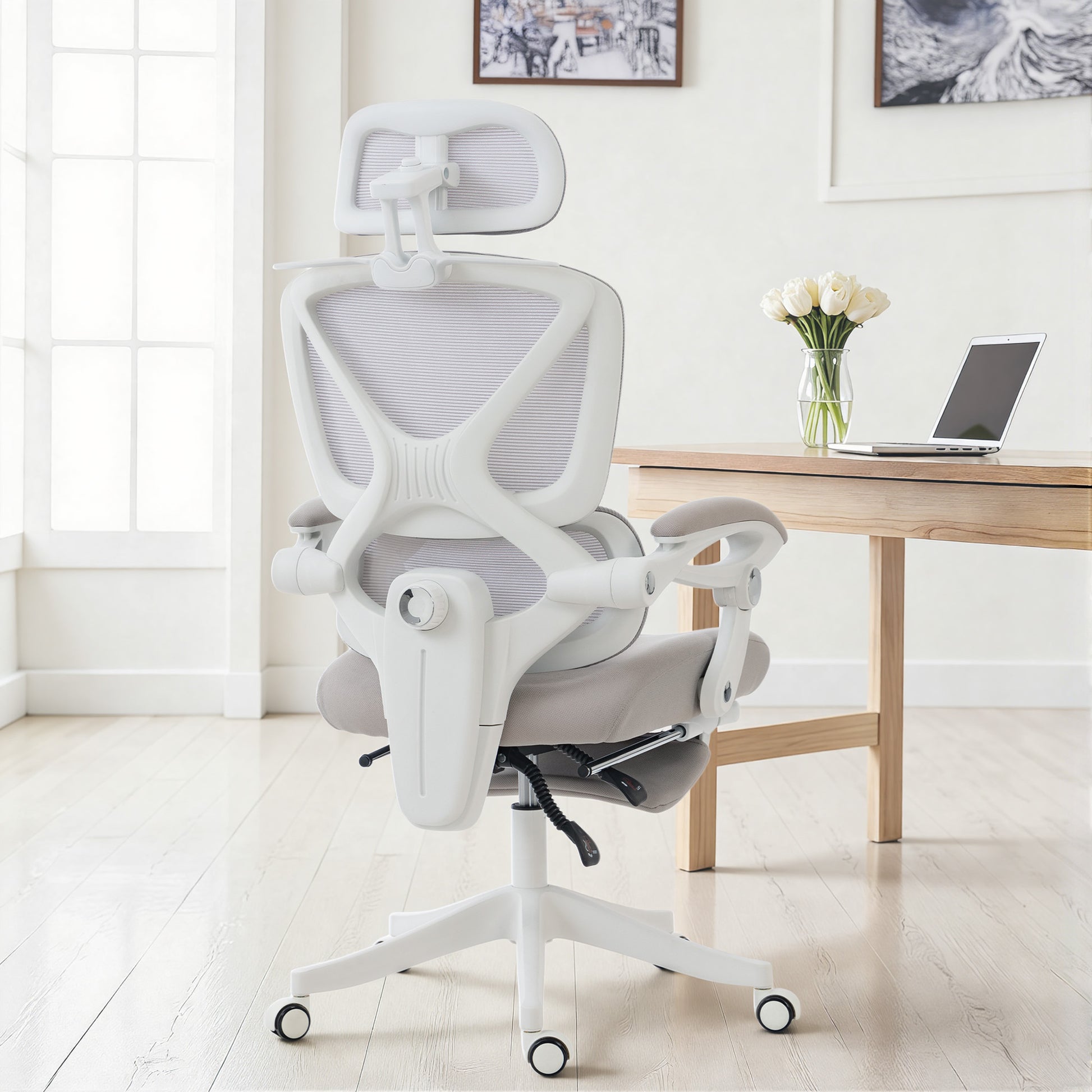 Ergonomic Mesh Office Chair with Footrest & Headrest - Light Grey-Office Products > Office Furniture > Office Chairs > Task Chairs-DECOROLALA