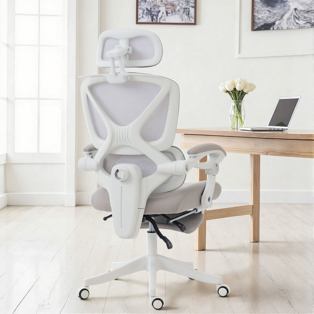 Ergonomic Mesh Office Chair with Footrest & Headrest - Light Grey-Office Products > Office Furniture > Office Chairs > Task Chairs-DECOROLALA