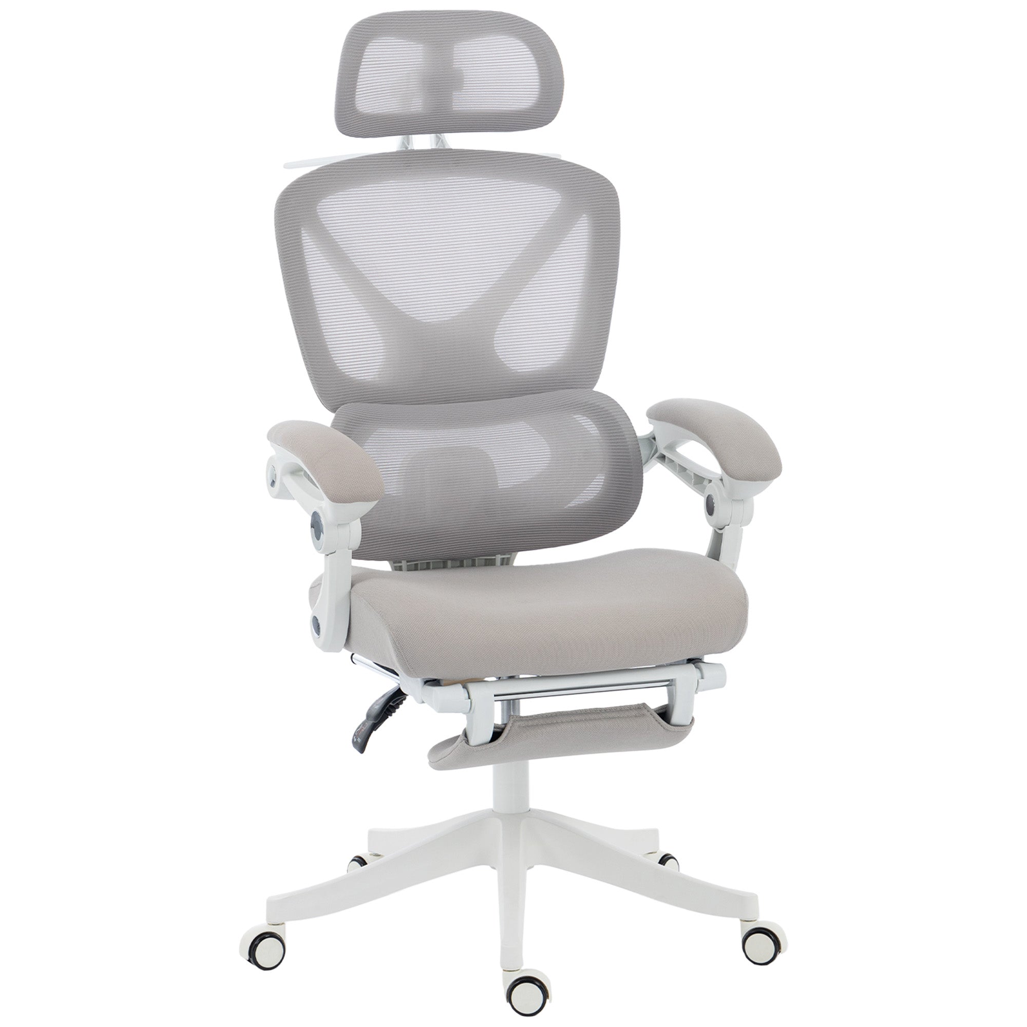 Ergonomic Mesh Office Chair with Footrest & Headrest - Light Grey-Office Products > Office Furniture > Office Chairs > Task Chairs-DECOROLALA