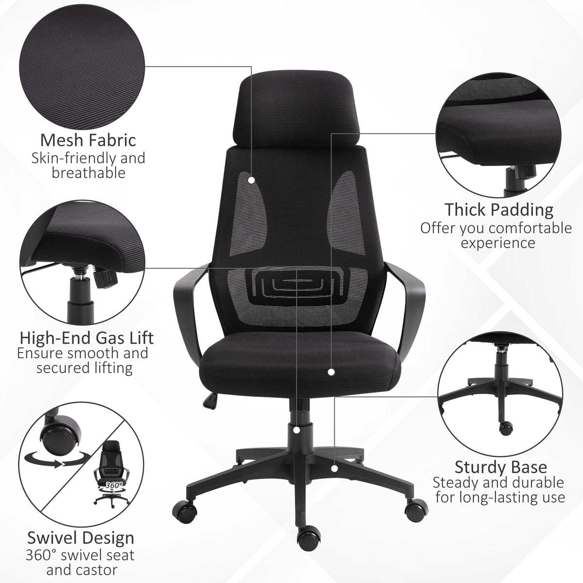 Ergonomic Mesh Office Chair with Headrest - Black-Office Products > Office Furniture > Office Chairs > Task Chairs-DECOROLALA