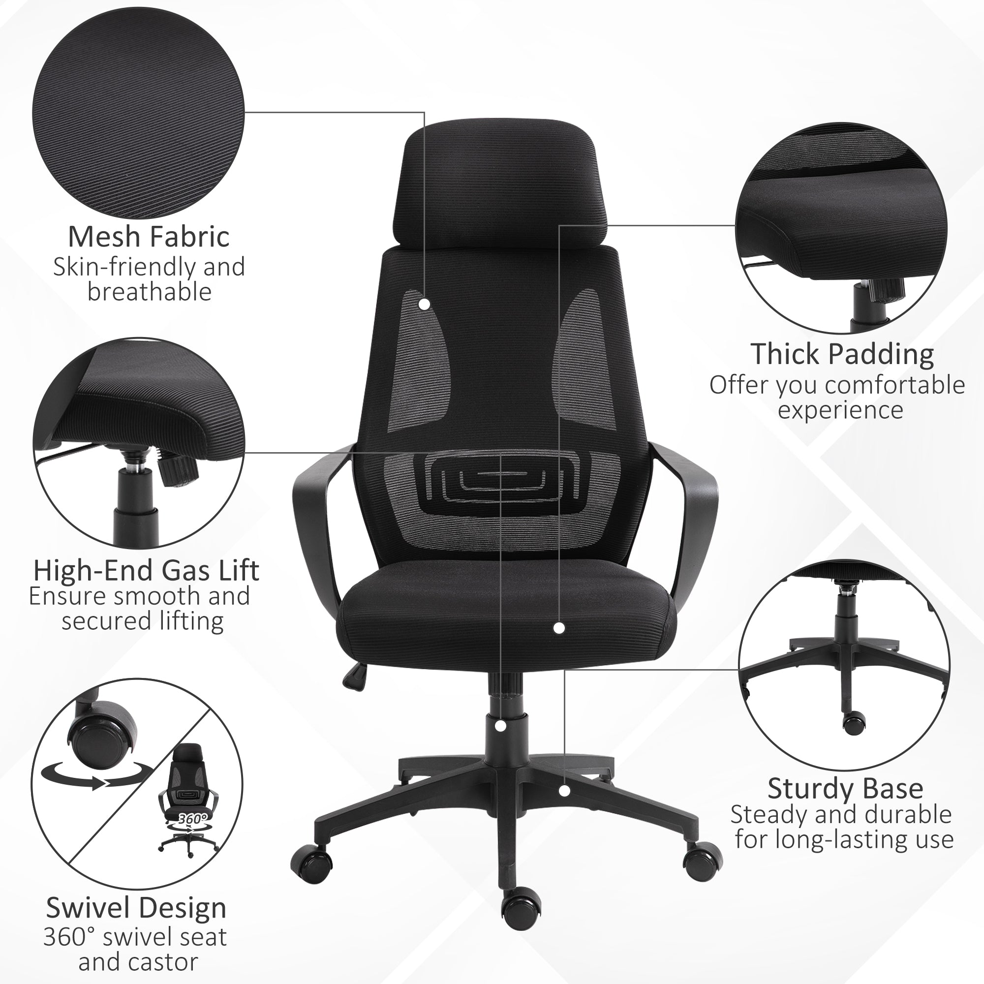 Ergonomic Mesh Office Chair with Headrest - Black-Office Products > Office Furniture > Office Chairs > Task Chairs-DECOROLALA