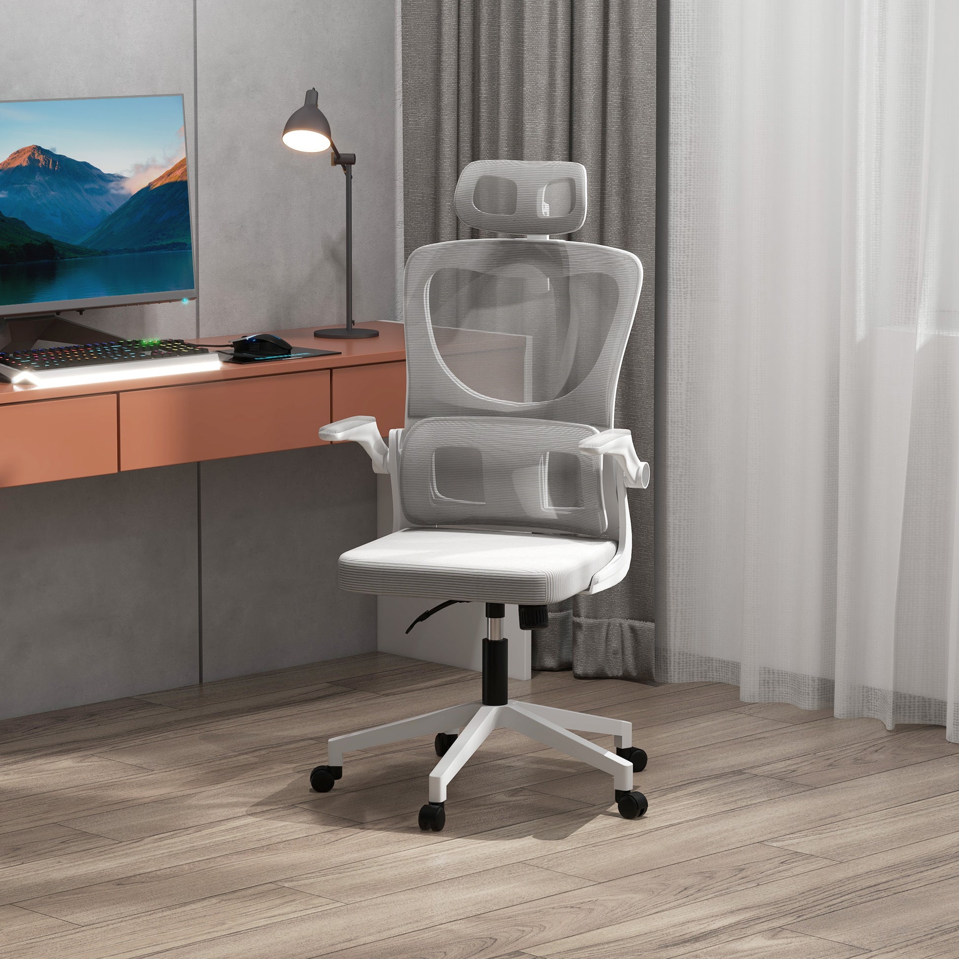 Ergonomic Mesh Office Chair with Headrest - Grey-Office Products > Office Furniture > Office Chairs > Task Chairs-DECOROLALA