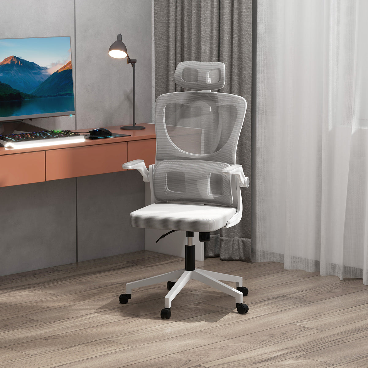 Ergonomic Mesh Office Chair with Headrest - Grey-Office Products > Office Furniture > Office Chairs > Task Chairs-DECOROLALA