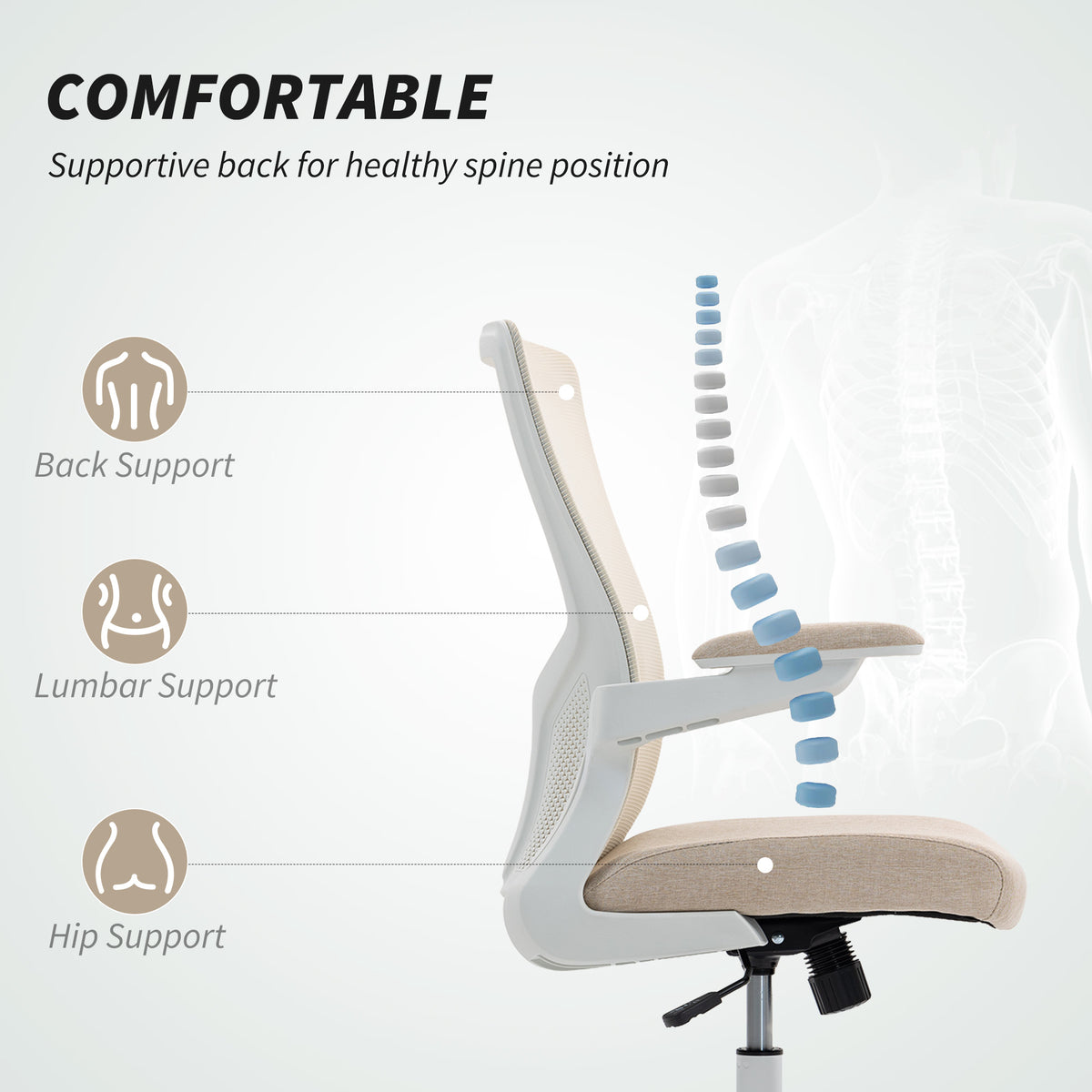 Ergonomic Office Chair - Beige Mesh Desk Chair with Flip-up Arms-Office Products > Office Furniture > Office Chairs > Task Chairs-DECOROLALA