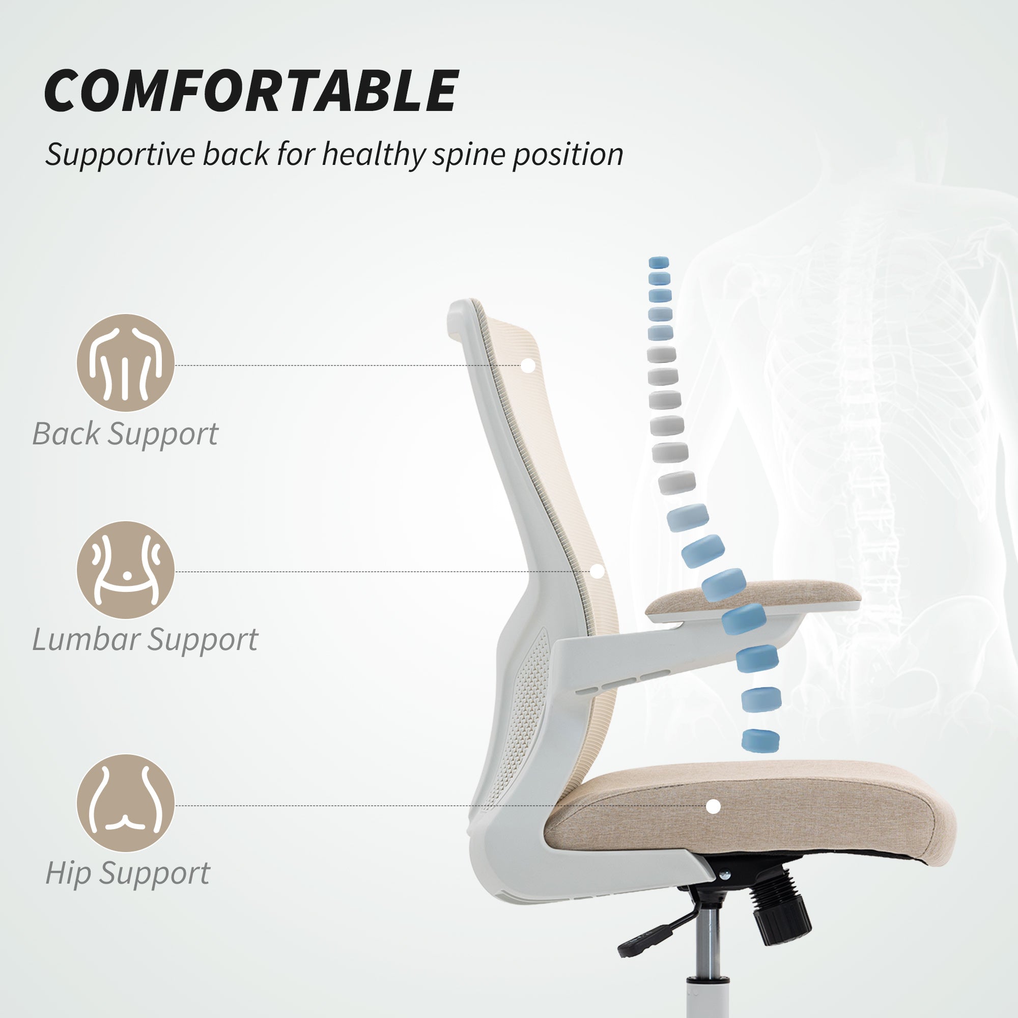 Ergonomic Office Chair - Beige Mesh Desk Chair with Flip-up Arms-Office Products > Office Furniture > Office Chairs > Task Chairs-DECOROLALA
